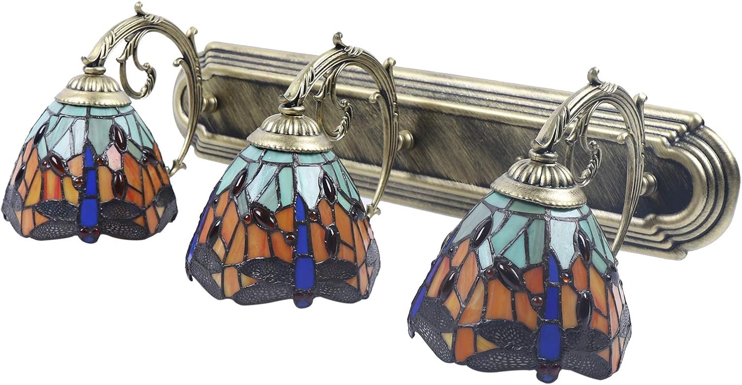 Retro Dragonfly Wall Sconce Lamp Tiffany Style Stained Glass Wall with 3 E27 Standard Lamp Holders Decorative Lighting Fixtures for Dining Rooms, Living Rooms, Kitchens,Hallways