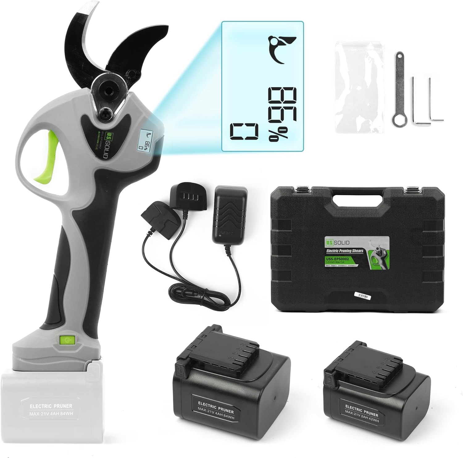 U.S. Solid Cordless Electric Pruning Shear, 9-hour Runtime 2 Lithium Batteries Digital Display Scissor Clipper Cutter Max 1.6 Inch(40 mm) Cut, Charger Gardener Homeowner Tree Shrub Plants Trim Shape