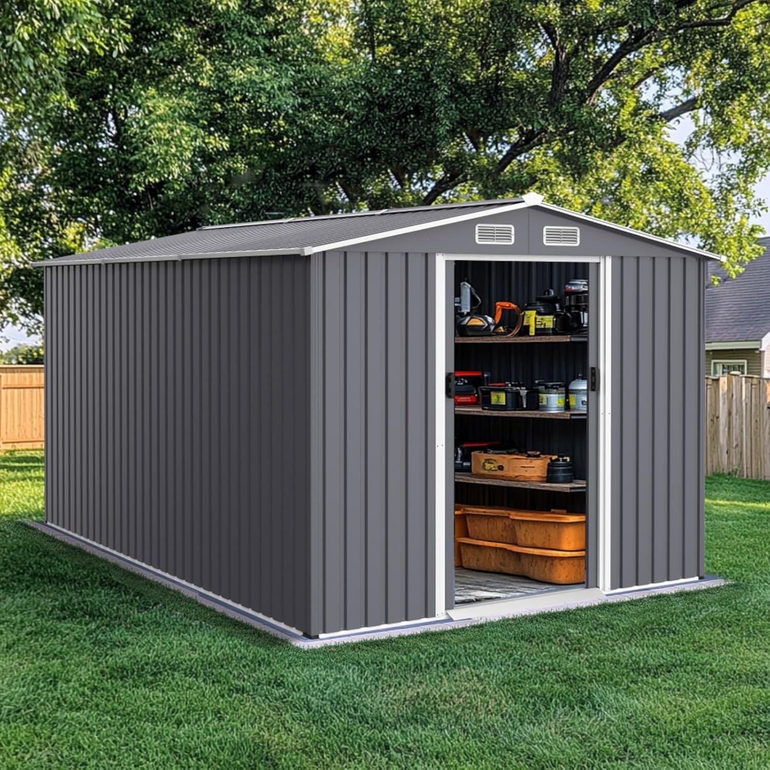 Outdoor Metal Storage Shed for Backyard & Garden, Patio, Lawn, Large Tool Sheds with Sliding Doors & Air Vent, Heavy Duty Storage House with Lockable Door, Grey (8 * 12FT Grey)