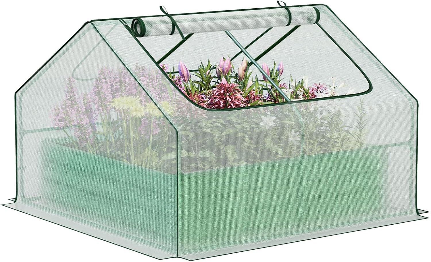 Aoodor 4 x 4 x 1 ft Galvanized Raised Garden Bed, Mini Greenhouse Kit with 2 Roll-up Zipper Doors for Vegetables, Flowers, and Herbs, White