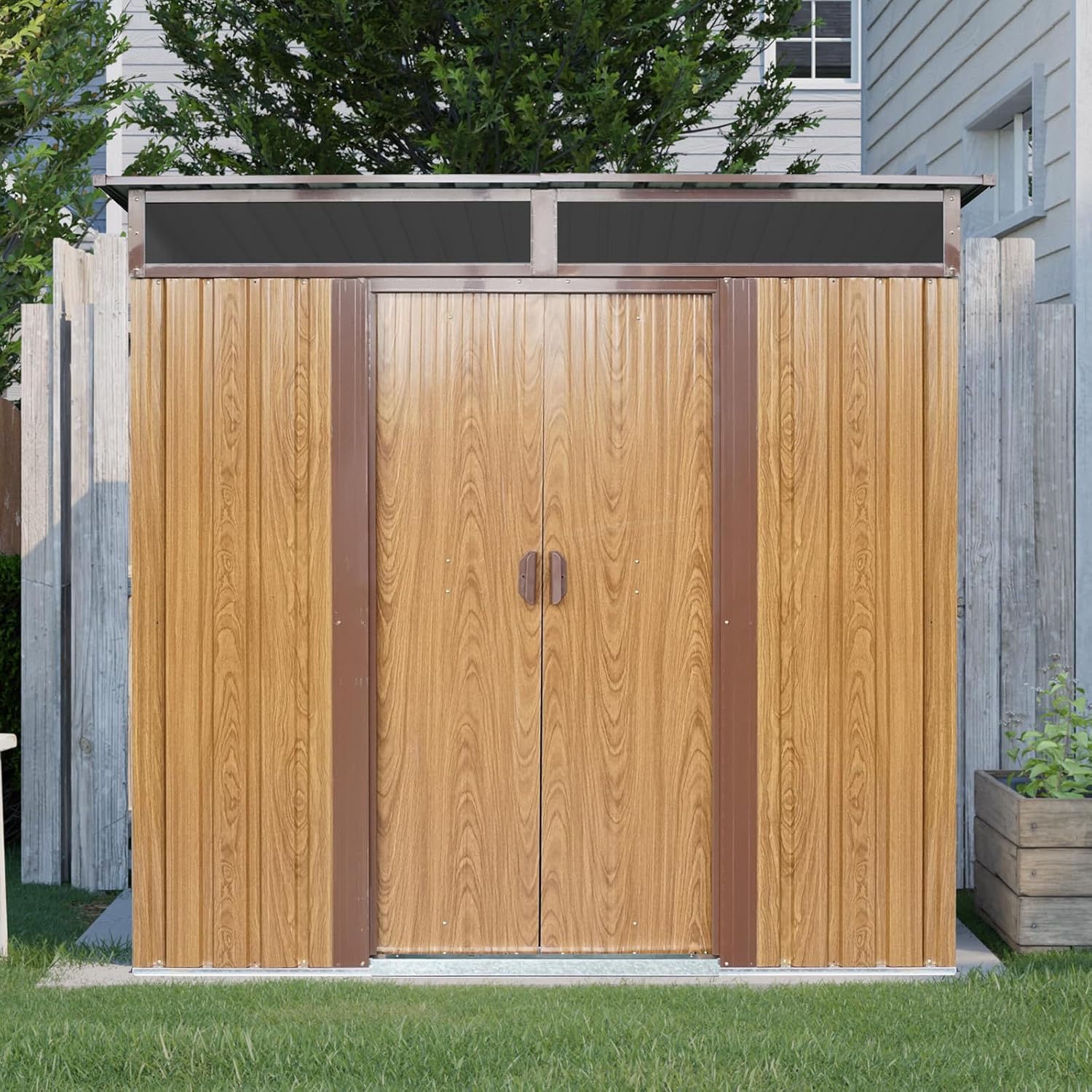 6x5 FT Outdoor Storage Shed, Metal Garden Shed with Frame Floor, Outside Tool Shed with Window, Waterproof Storage Building with Lockable Sliding Doors & Sloped Roof for Backyard, Patio, Lawn, Coffee
