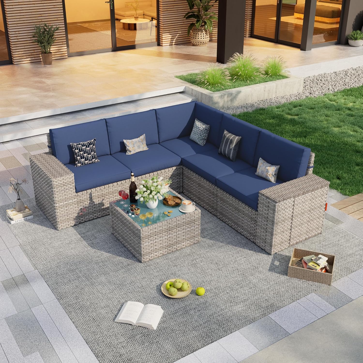 6 Pieces Patio Conversation Set, Rattan Furniture Set with Wide Armrests and Coffee Table, Outdoor Modular Sectional Couch Wicker Sofa for Garden Backyard Balcony Porch Deck (Blue Cushions)