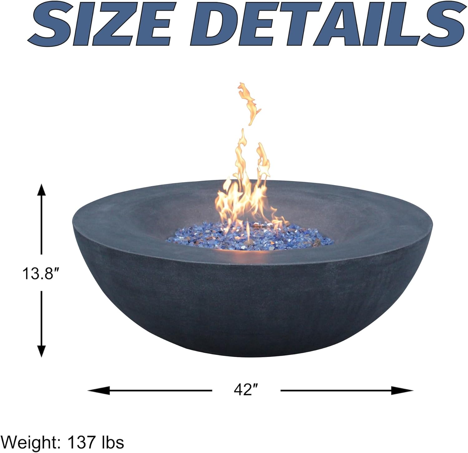 42 Inch Outdoor Concrete Propane Gas Fire Pit Bowl with Glass Chip, Lava, Adjustable Feet, and Fabric Cover(Black Gray)