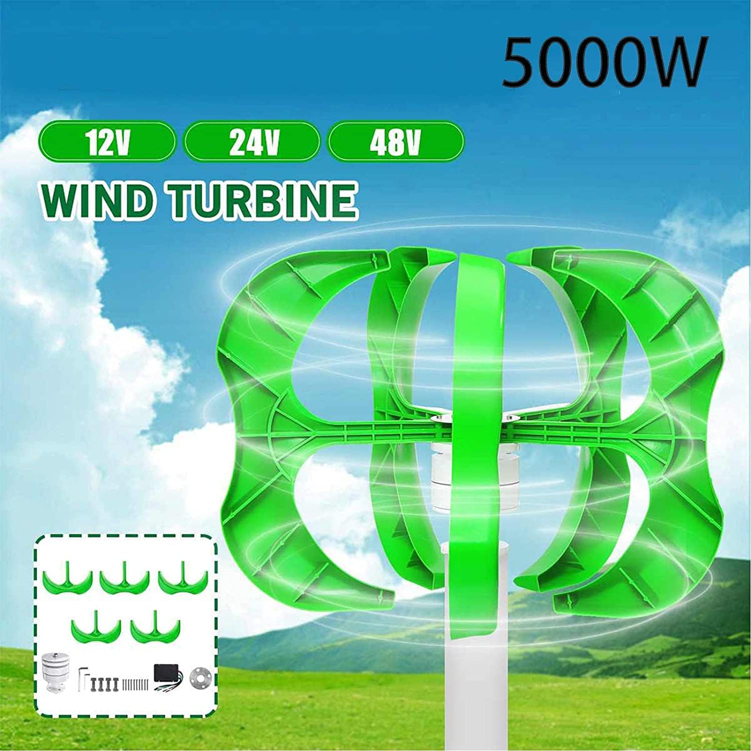 Wind Power Turbines Generator,5000W 12/24/48V 5 Blades Generator Lantern Wind Turbines Vertical Axis for Streetlight+Controller
