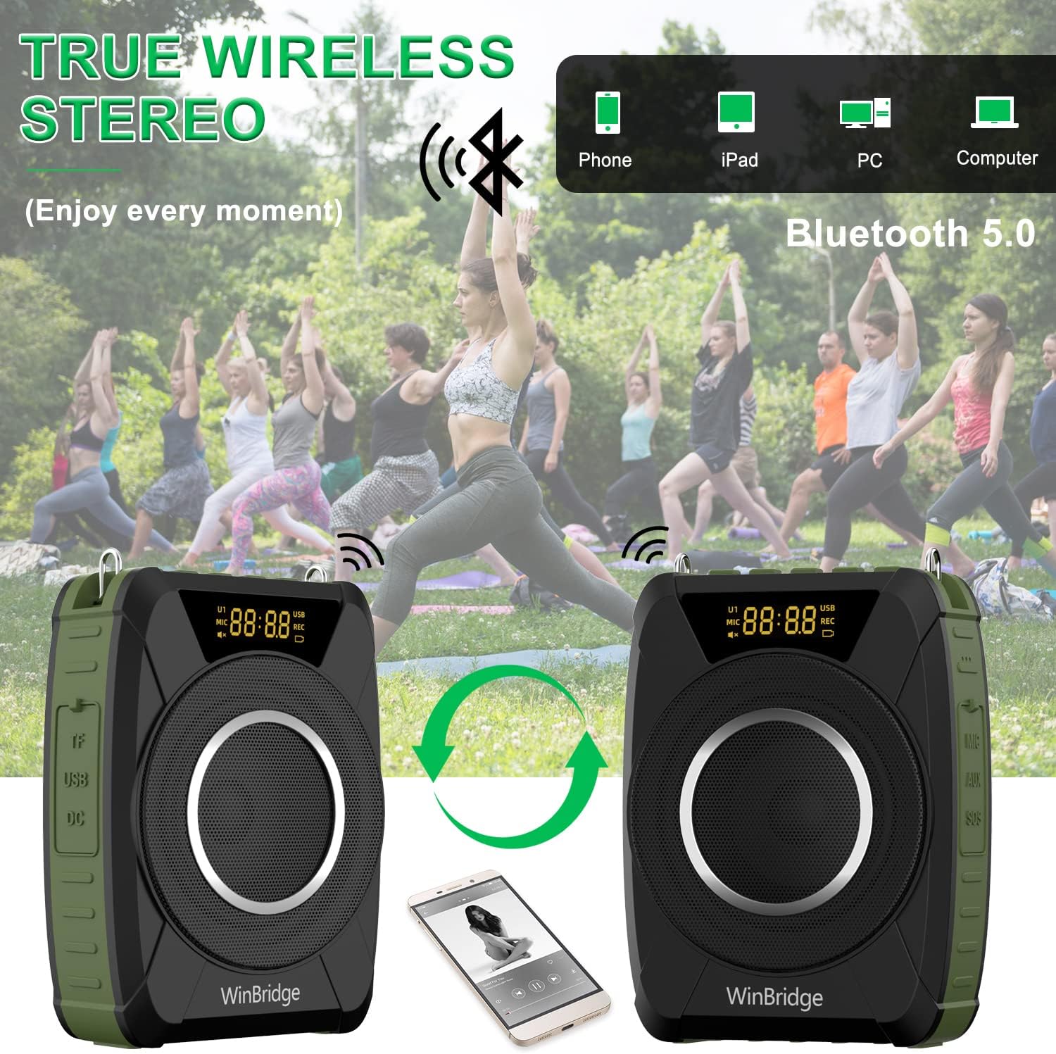 Bluetooth 5.0 Voice Amplifier with Wireless Mic Headset, Waterproof Personal Microphone Wireless Voice Amplifier, 20W Loudly Portable Megaphone PA System for Teachers, Safety Drills, Outdoors Indoors