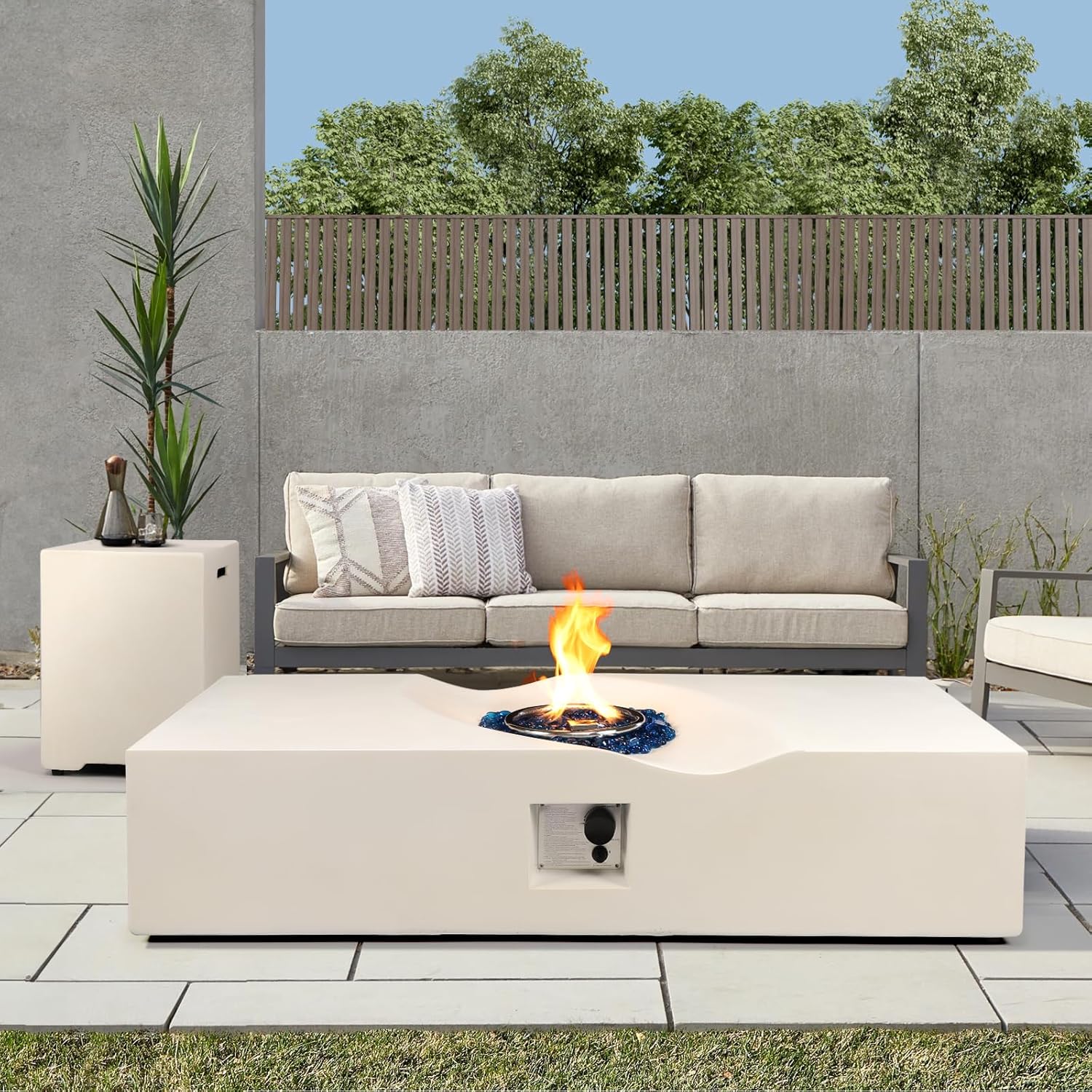 56-inch Outdoor Propane Gas Fire Pit Table Set - 2-Piece 50000 BTU Concrete Rectangular Firepits with Tank Cover, Fire Glass, Rain Cover, White Fire Table for Outside Patio, Garden Party