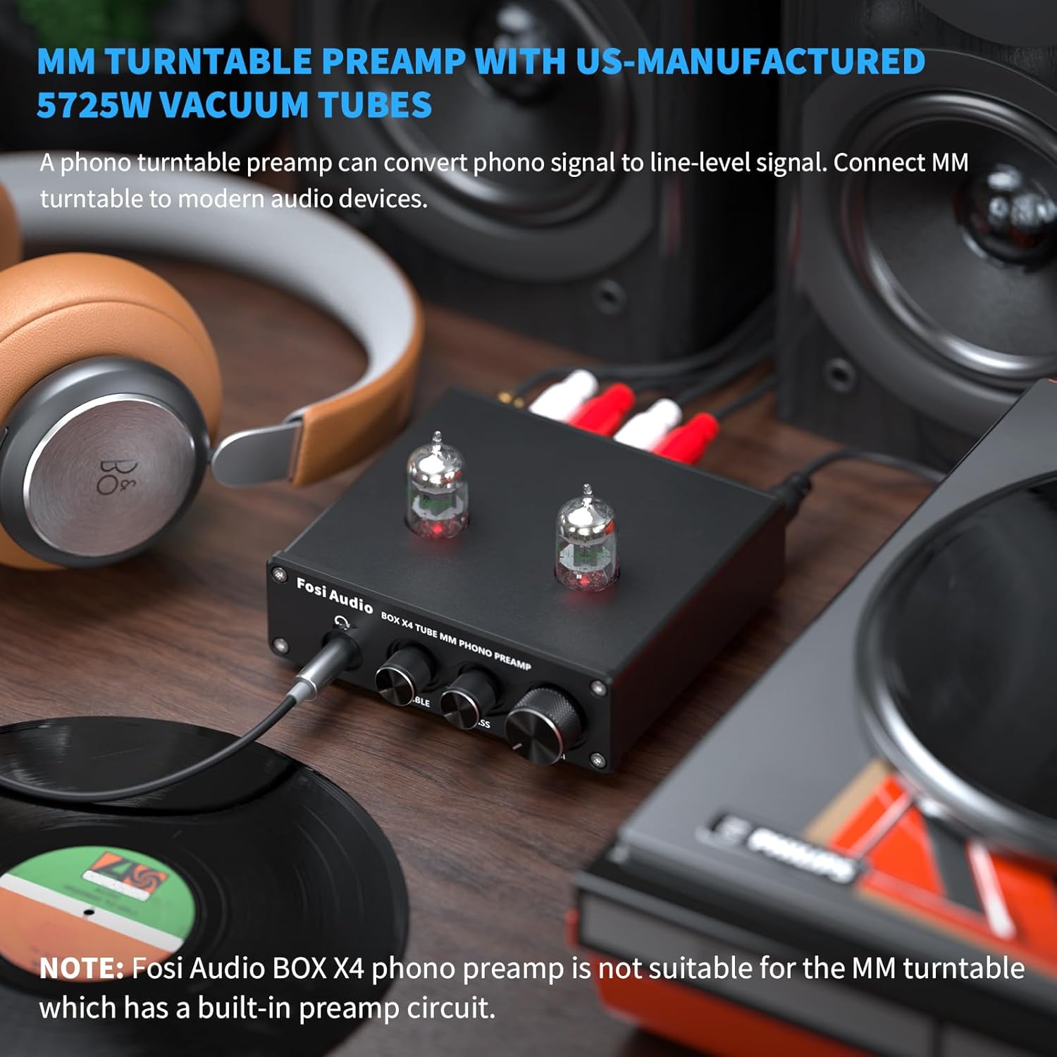 Fosi Audio Box X4 Phono Preamp with JAN 5725W Vacuum Tubes for MM Turntable Phonograph Record Player with Volume Bass Treble Control