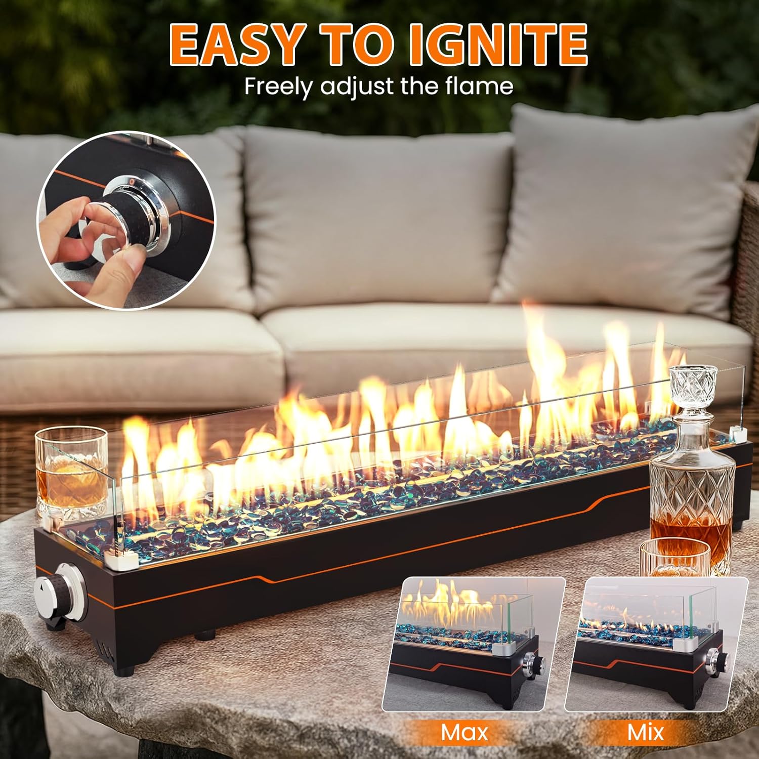 GRISUN Tabletop Fire Pit,36 Inch Propane Fire Pit Table,50000 BTU Table Top Firepit with Glass Wind Guard,Stainless Steel Burner,Fire Glass,Portable Propane fire Pit for Patio, Camping, Backyard & RV