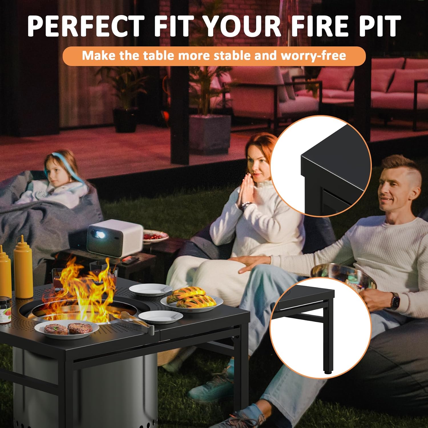 Fire Pit Surround Tabletop for Solo Stove Bonfire/Ranger, 38 inch Large Space Fire Pit Stand, Powder-Coated Steel Outside Firepit Table, Outdoor Wood Burning Solo Stove Accessories