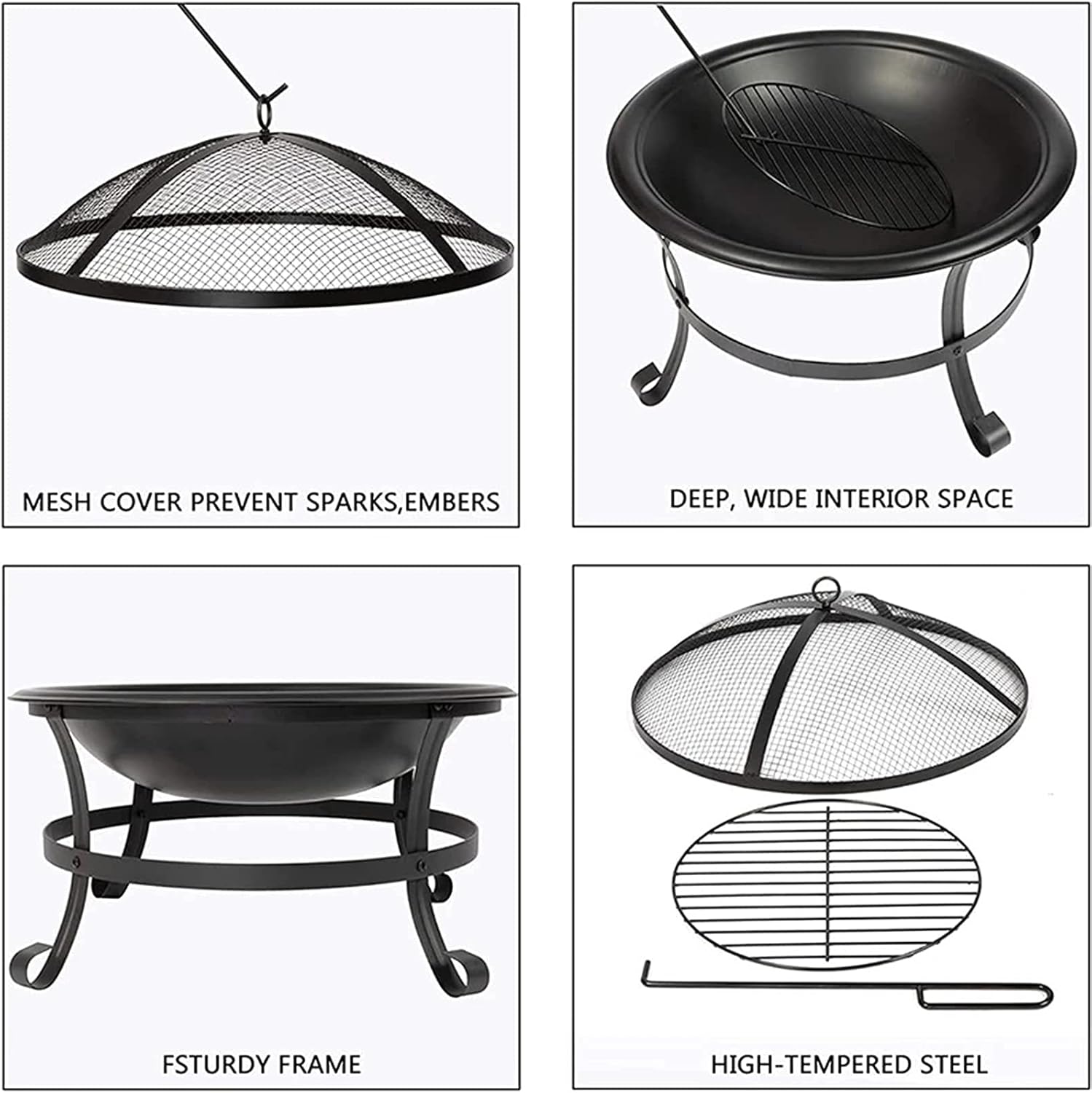Outdoor Fire Brazier Outdoor Wood Burning BBQ Grill Firepit Bowl Mesh Cover Patio Steel Fire Pit Bonfire Easy to Use
