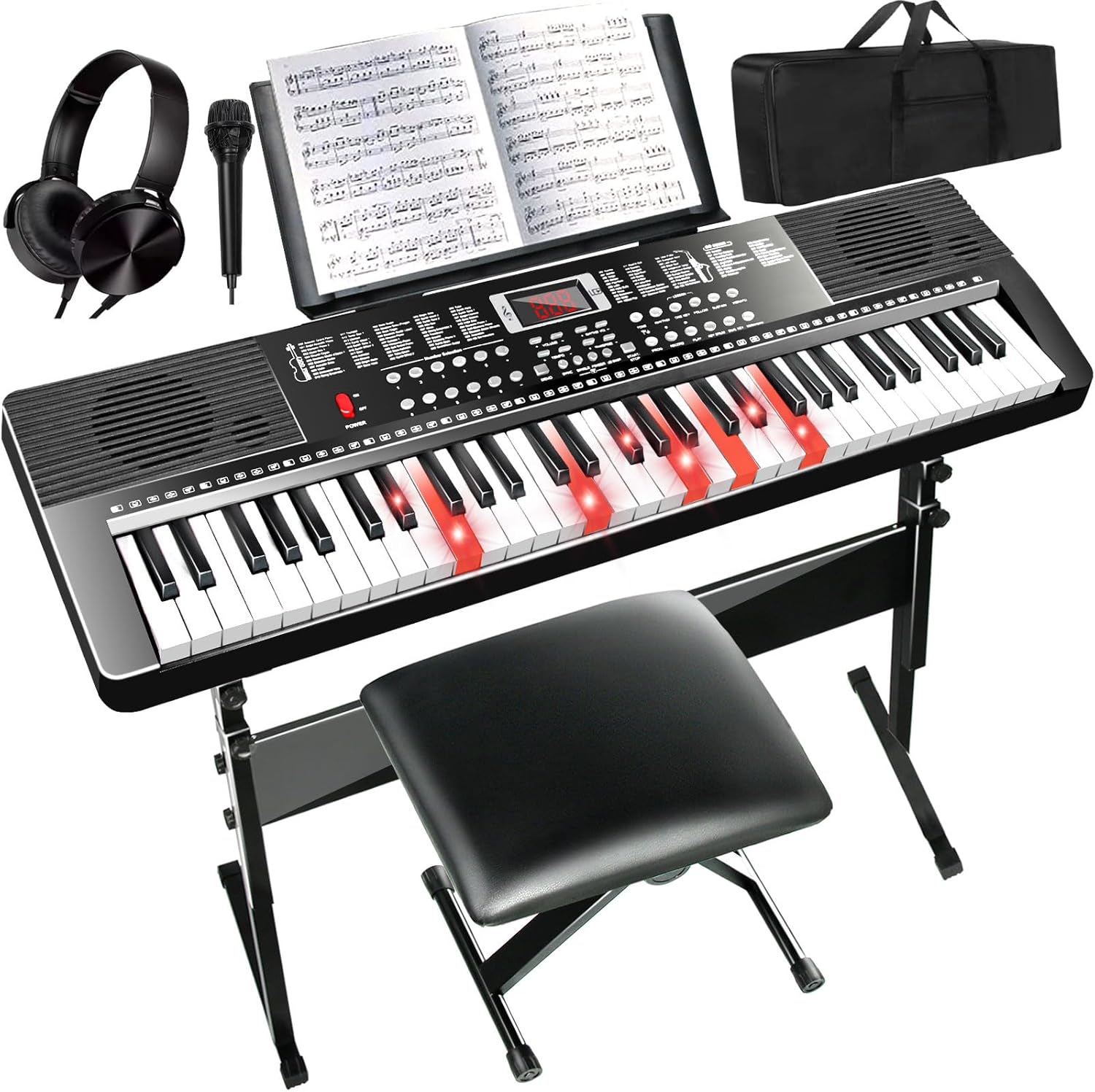 AQNIEGEP 61 Key Electric Keyboard Piano for Beginners w/Light-Up Keys, Christmas Gifts, Full Set: Stand, Bench, Headphones, Padded Bag, Note Stickers, 70 Demos, 200 Rhythms/Tones, LED Display