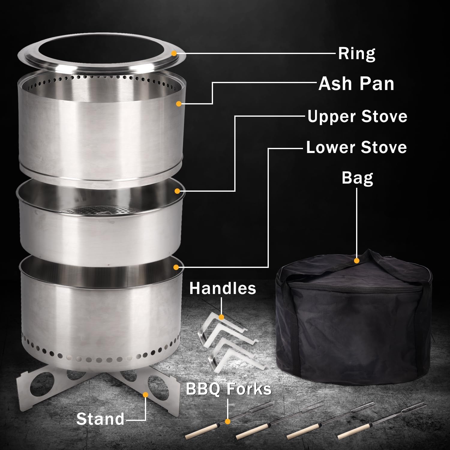 BRIOPAWS Large Smokeless-fire-pit Outdoor | 19 IN | 304 Stainless-Steel-Firepit | Portable Solo Fire Pits for Outside, Camping | Low Smoke Stove | Wood Burning Chimenea, Inclu. Bag, BBQ Forks, Handles