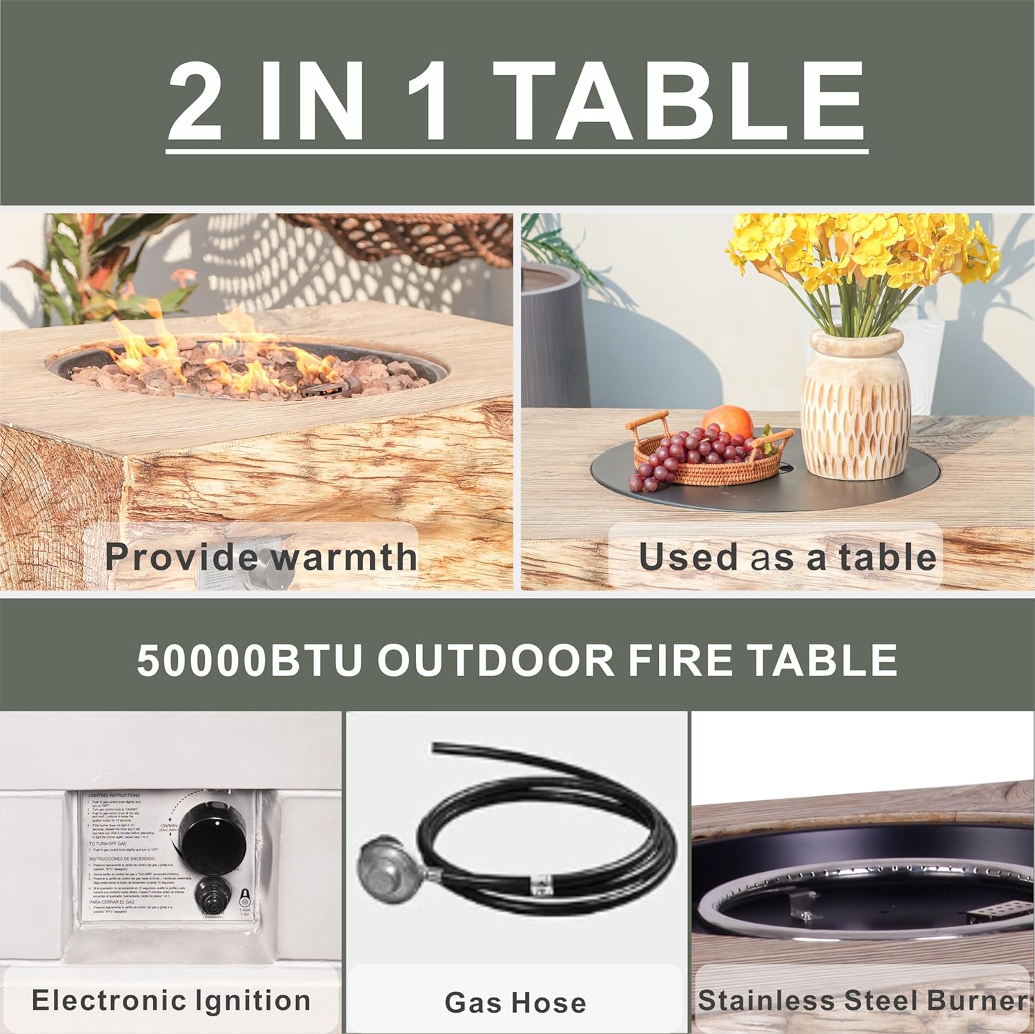 2 in 1 Outdoor Fire Table 50,000 BTU Gas Burner & Coffee Table 40