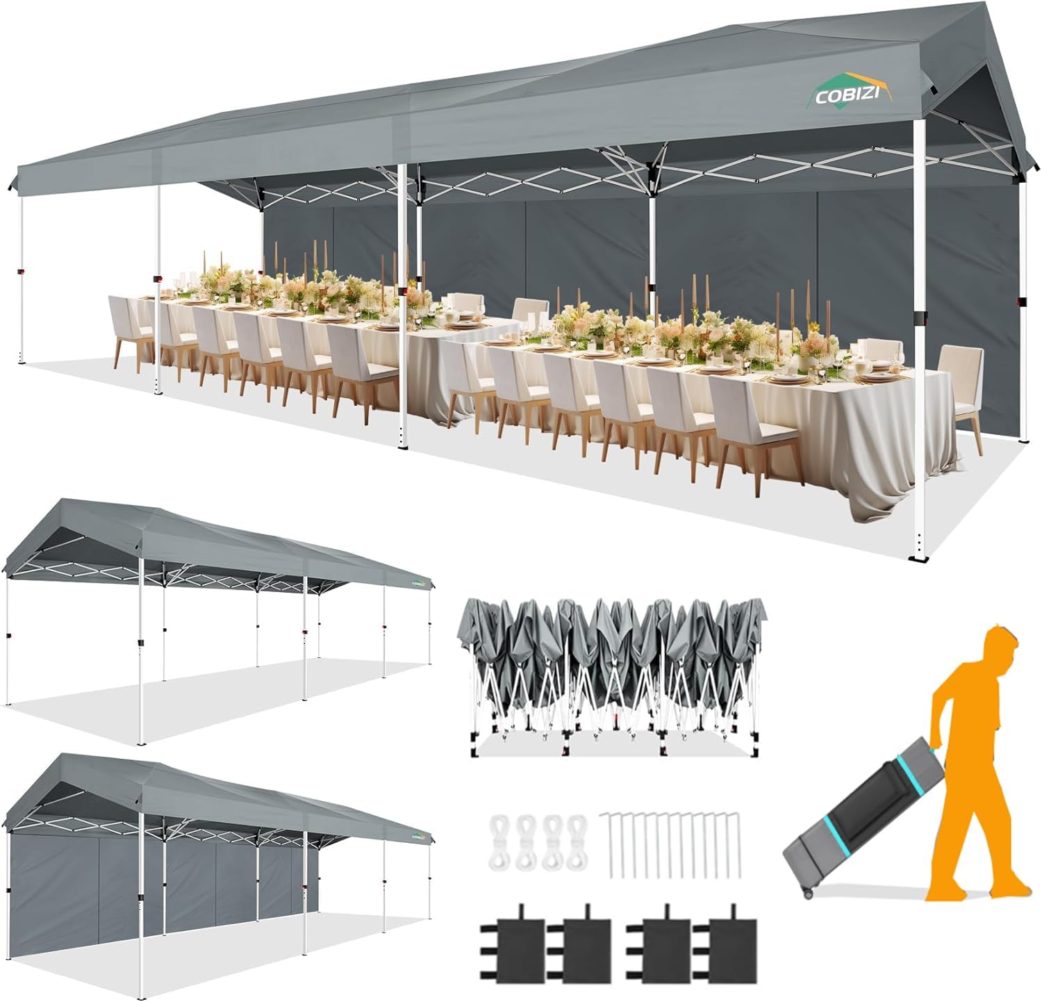 COBIZI 10x30 Party Tent with Wheeled Bag 10x30 Pop up Canopy with One-Push Setup, Outdoor Canopy with 3 Sidewalls Gazebo Event Shelter for Wedding Commercial with Sandbags,Waterproof & UPF50+, Grey
