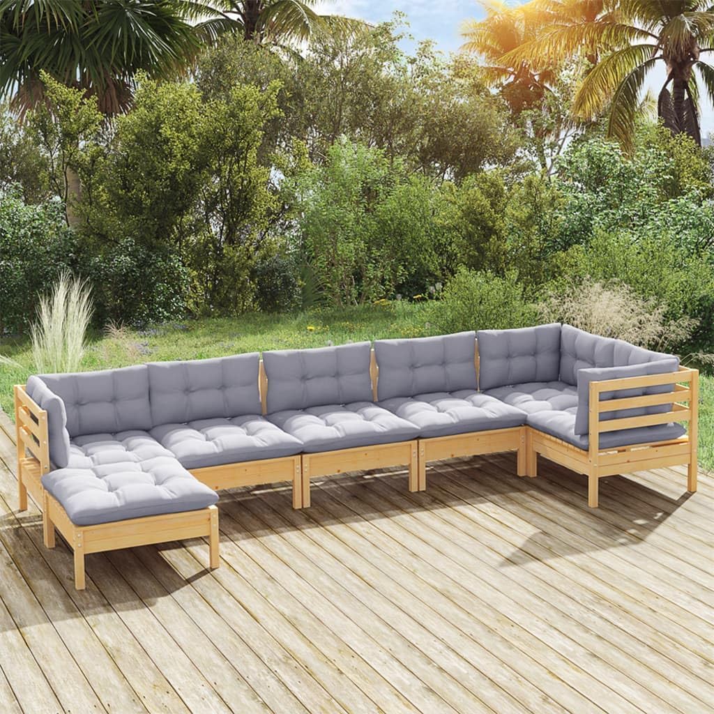Patio Set 7 Piece Patio Lounge Set with Gray Cushions Solid Pinewood