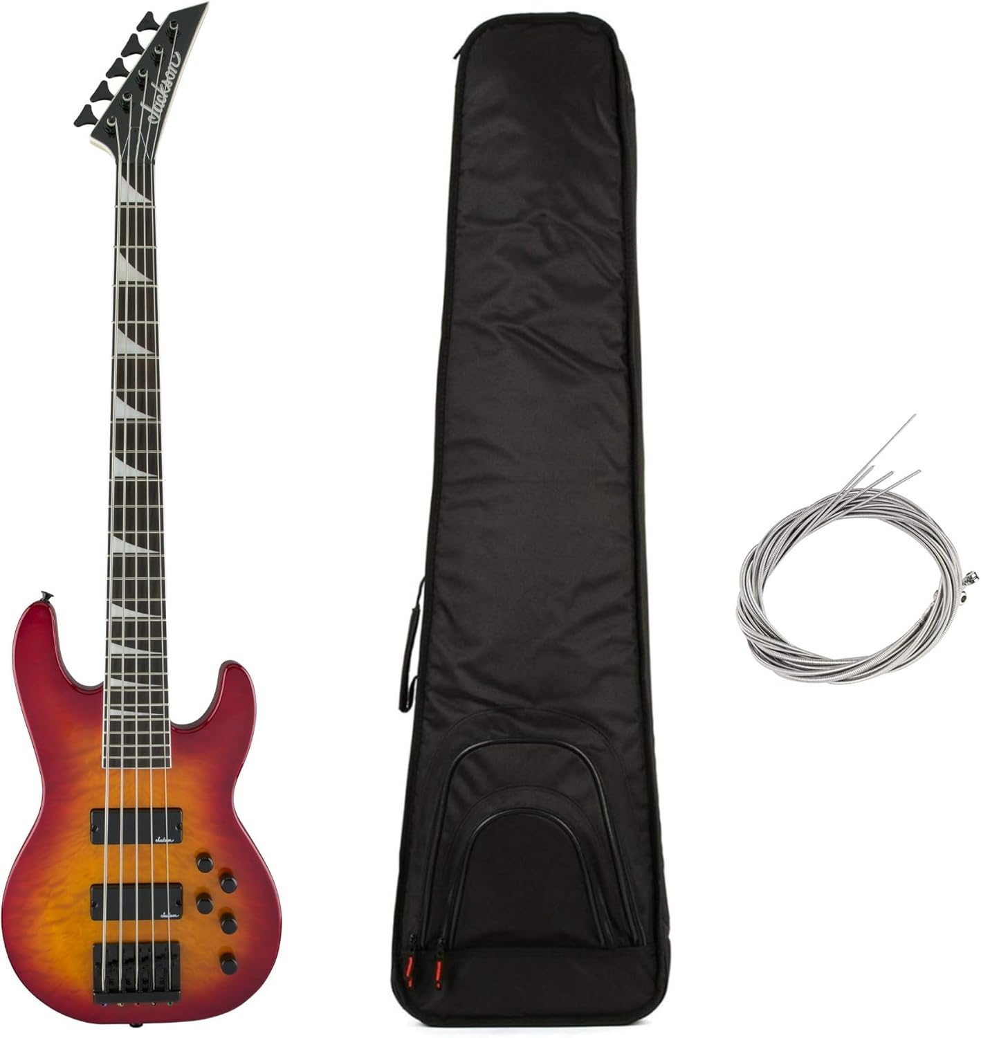 Jackson JS Series Concert Bass JS3VQ 5-String Electric Guitar (Right-Handed, Cherry Burst) Bundle with Polyester Protective Hardshell Gig Bag with Zipper Pocket (Black), and Steel Strings (3 Items)