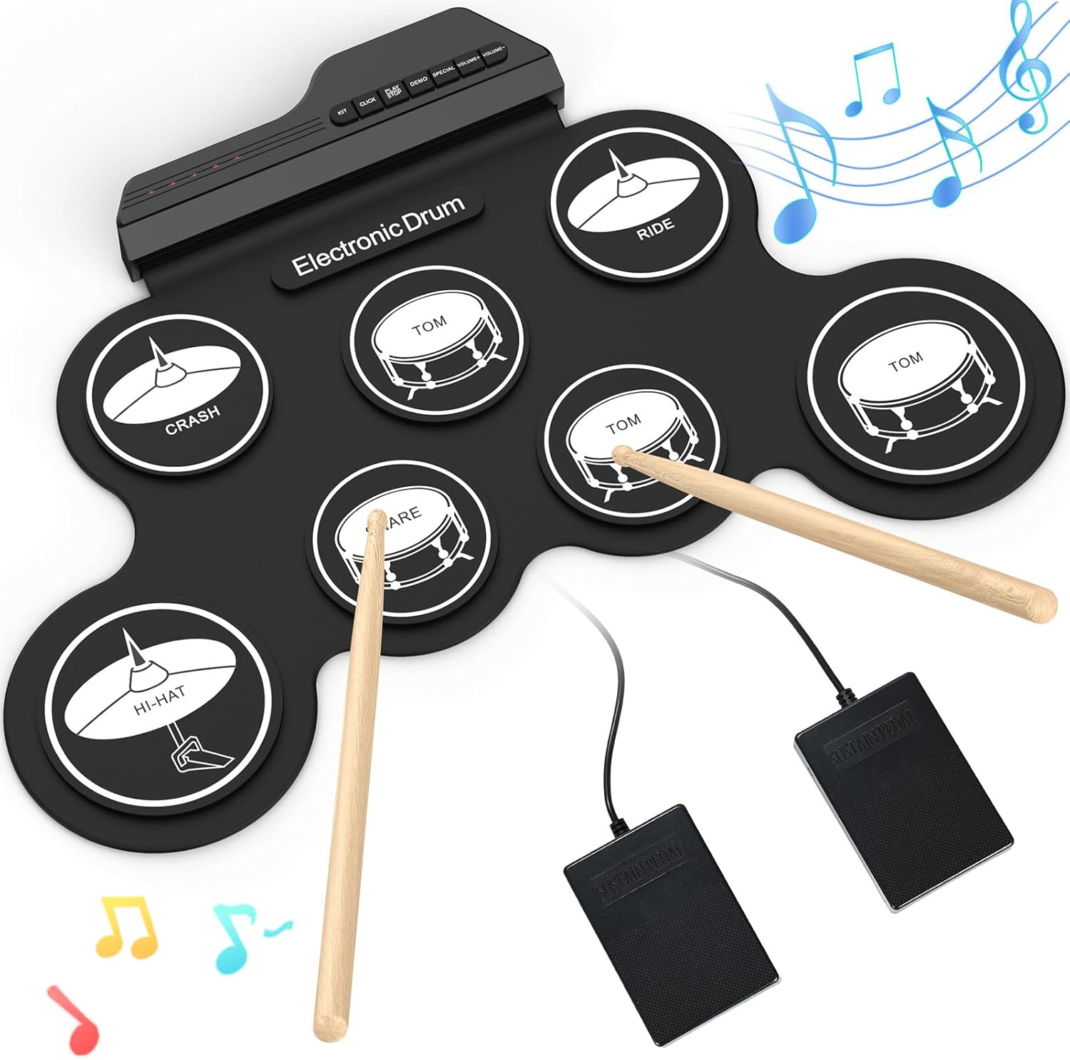 Electronic Drum Set, 7 Pad Roll-up Drum Kit with Headset Jack, Pedals, Drumsticks, Portable Practice Pad for Beginner (No Built-in Speaker)