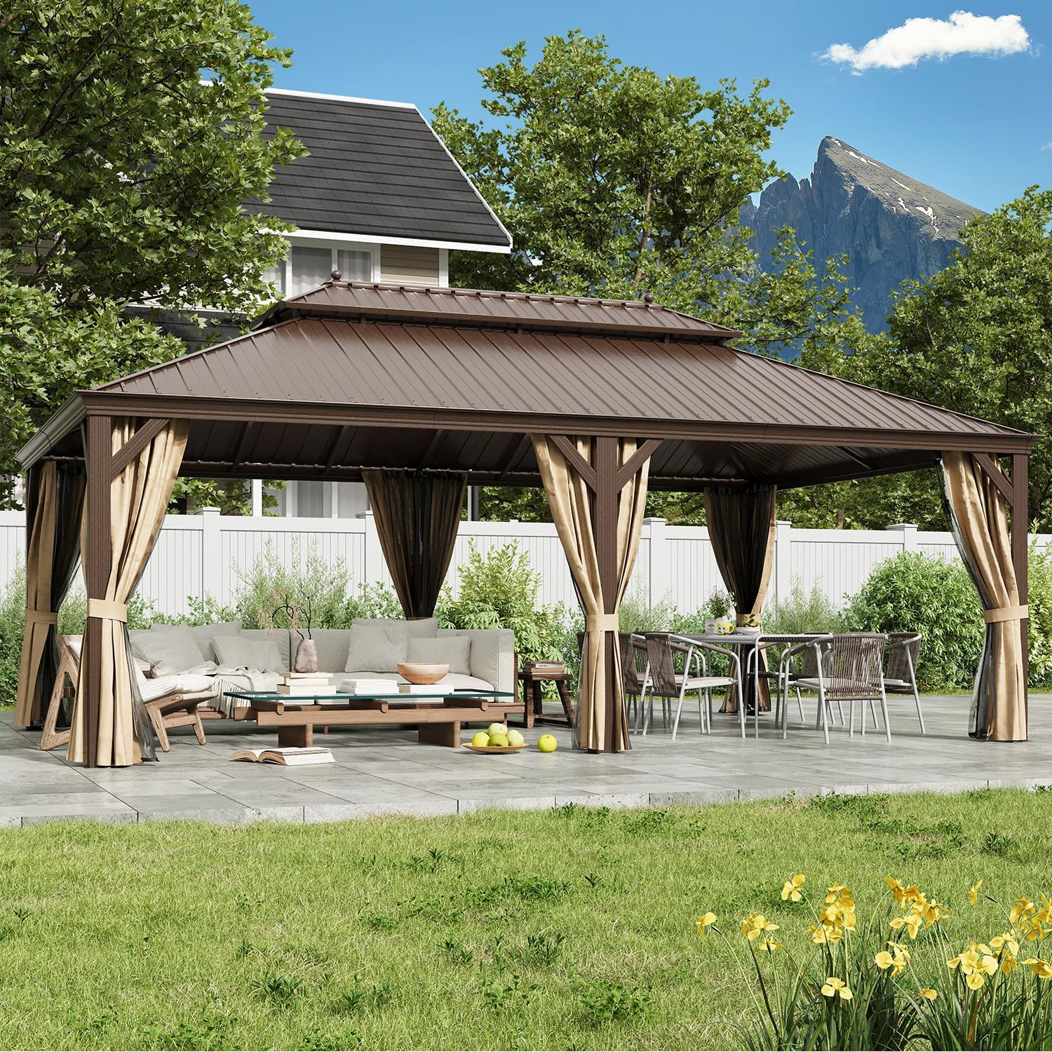 EROMMY 14'x22' Hardtop Gazebo Double Roof Galvanized Steel Canopy Outdoor Aluminum Frame Permanent Metal Pavilion with Netting and Curtains for Patio Backyard Deck and Lawns