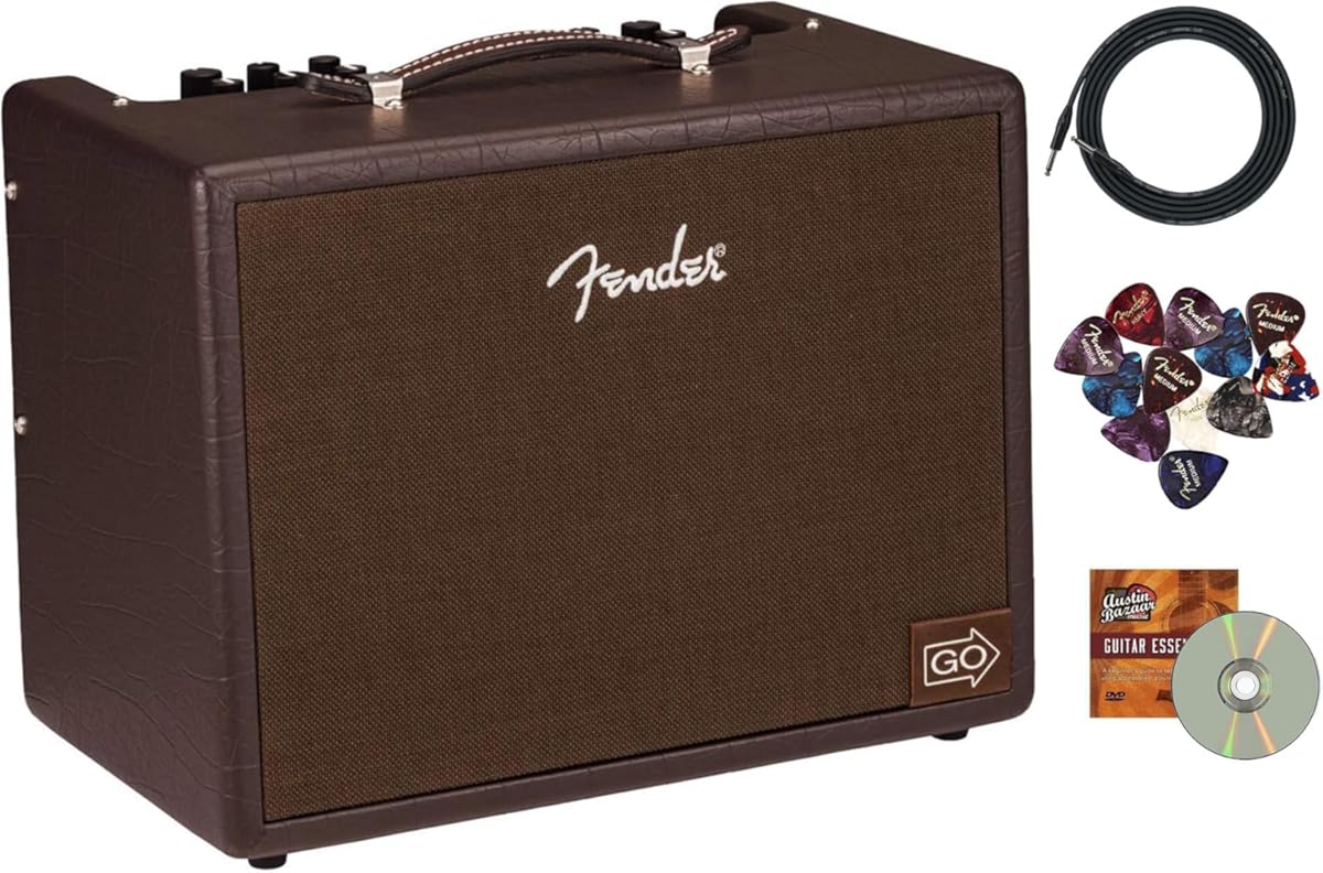 Fender Acoustic Junior Go Guitar Combo Amplifier Bundle with Cable, Austin Bazaar Exclusive 12-Pack Picks, and Instructional DVD