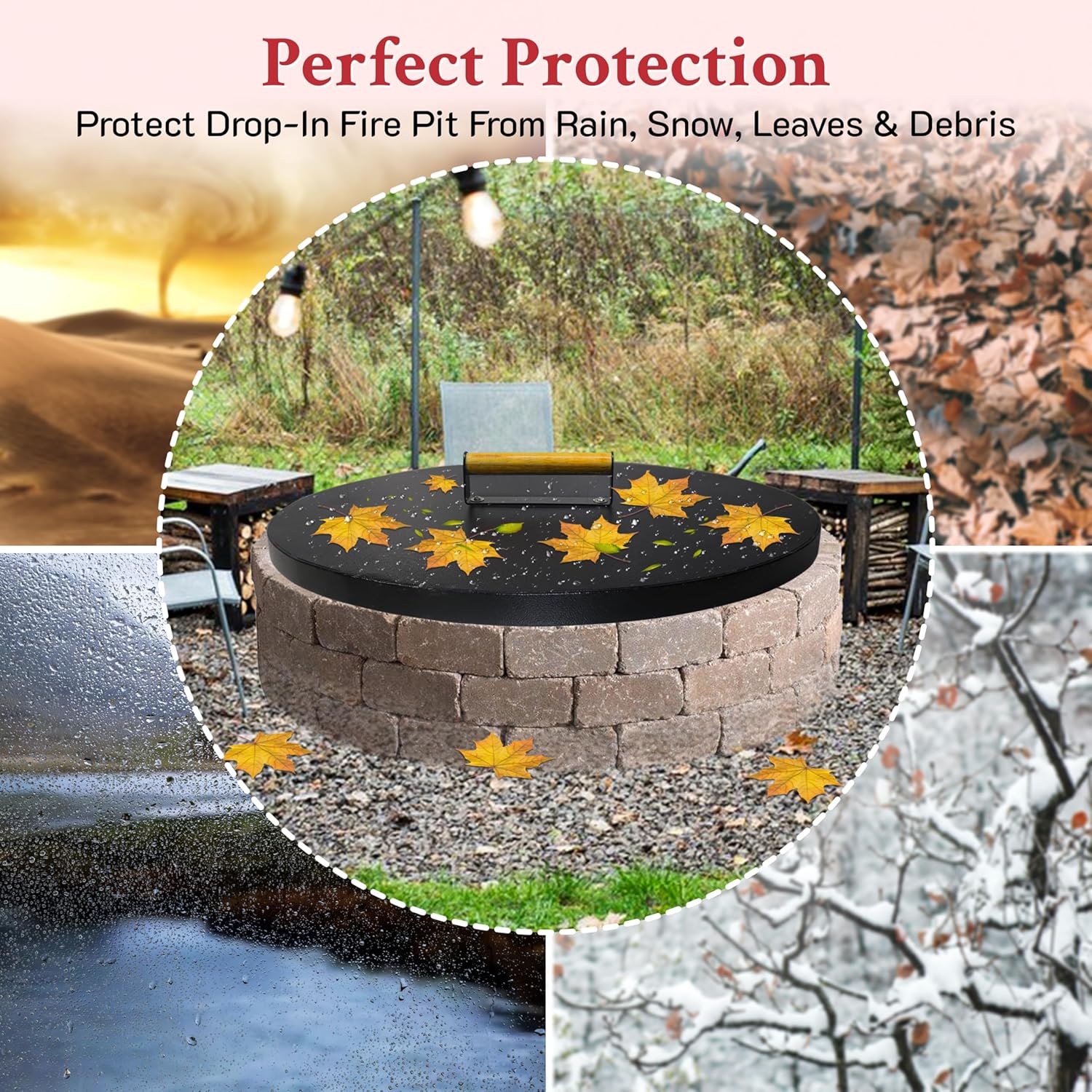 30” firepit lid round for inside up to 28” gas fire pit lid for Outdoor Fireplace Cover Lid - Steel fire pit metal cover with Wooden Handle & Powder Coated Snuffer Lid for Round Patio Fire Pit Ring