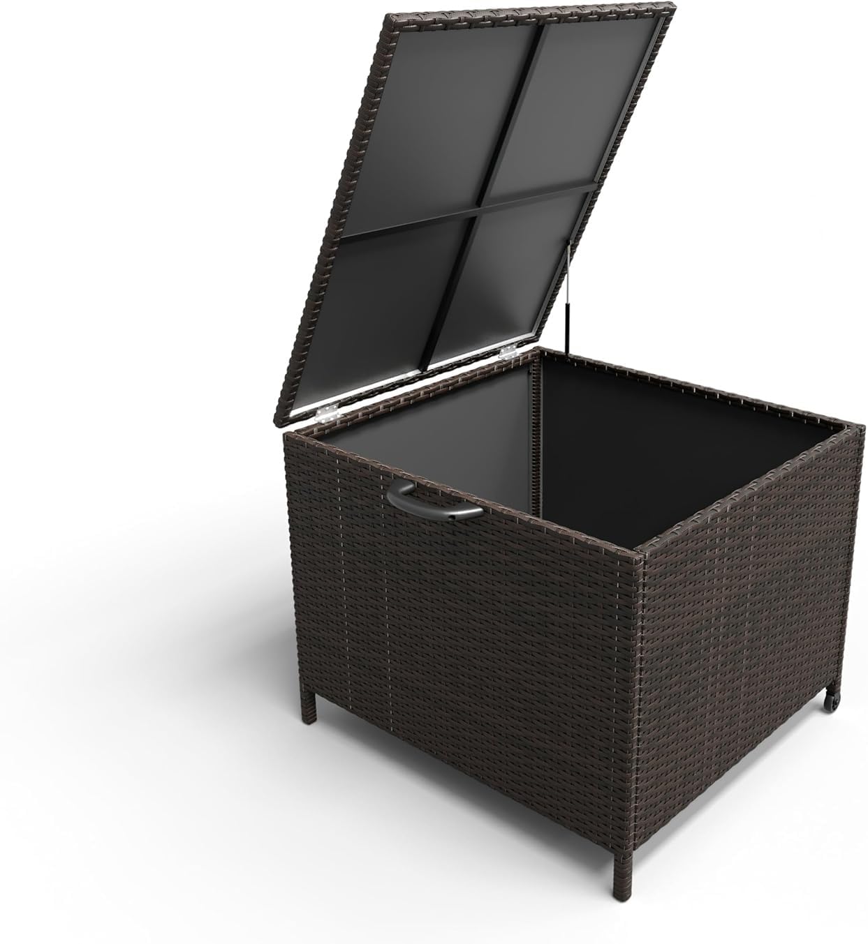 GlowSol Outdoor Deck Box 80 Gallon Rattan Box Storage Container With Handles, Waterproof, Soft Close Hinges and 360° Universal Wheels, for Patio Furniture, Garden Tools, Pool Sports Equipment