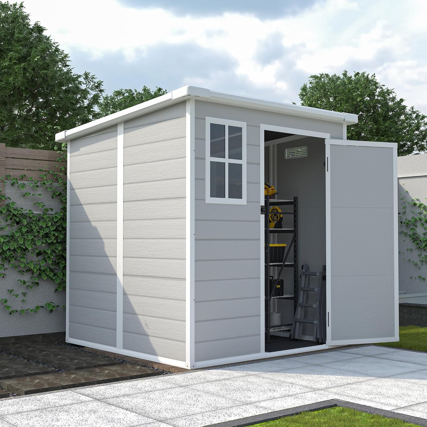 6' x 6' Outdoor Storage Shed, Resin Garden Shed with Windows, Lockable Door and Vents, Plastic Tool Storage for Patio Furniture, Lawnmower and Bike Storage, All Weather Use (6' x 6')