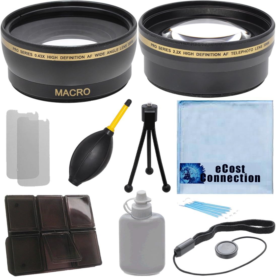 Pro Series 58mm 0.43x Wide Angle Lens + 2.2X Telephoto Lens with Deluxe Lens Accessories Kit for Canon/Nikon/Pentax Cameras & Camcorders and Other Brands.