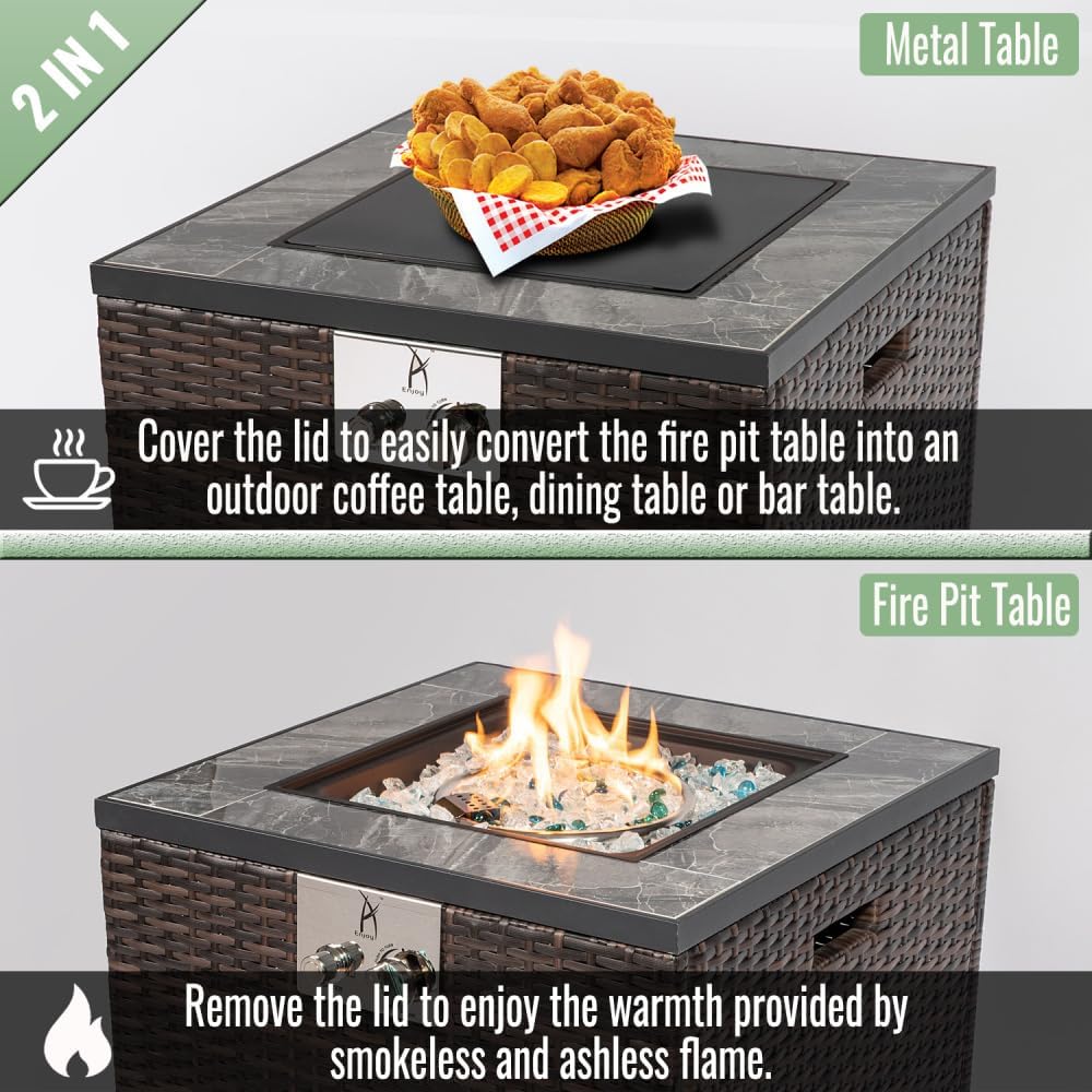 22 Inch Propane Fire Pit Table with Glass Wind Guard and Wicker Base for Outdoor Patio Garden Backyard Decor (Espresso + Wicker + Classic + French + French Country + Luxury)
