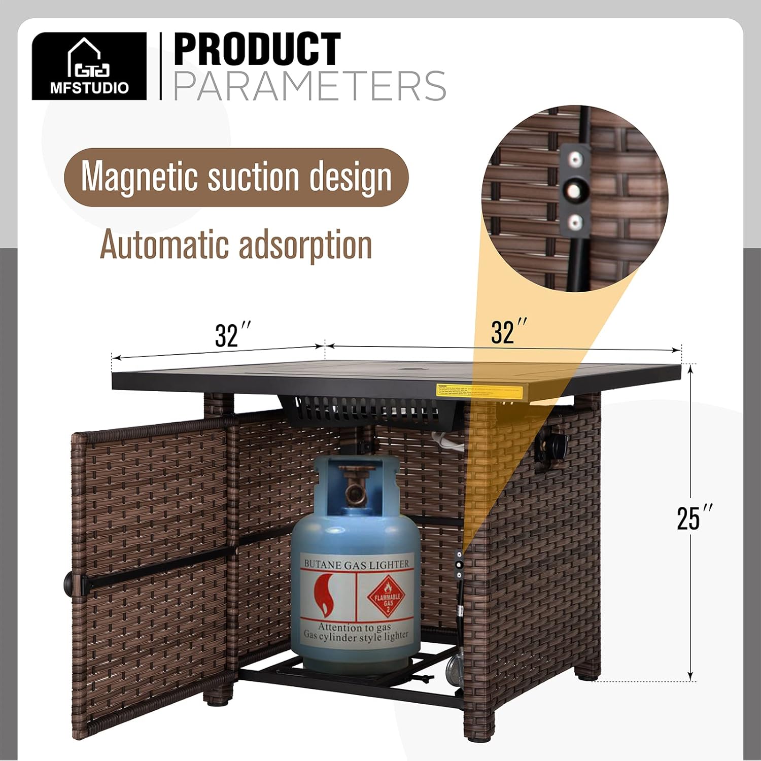 MFSTUDIO 32 Inch PE Rattan Gas Fire Pit Table,50000 BTU Square Outdoor Propane Fire Pit Table with Waterproof Cover and Blue Stone for Patio Courtyard Balcony,Brown