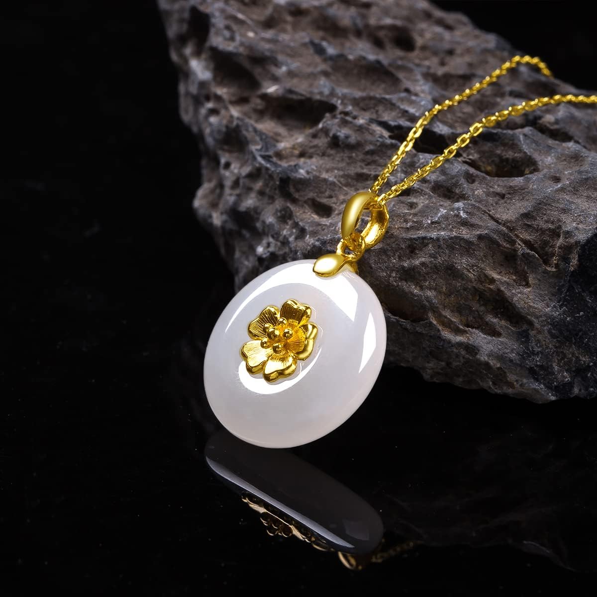 24K Solid Gold Pendant for Women, Real Pure Gold White Nephrite Jade Jewelry Accessory Round Pendant for Men Girlfriend (Not Include Necklace)