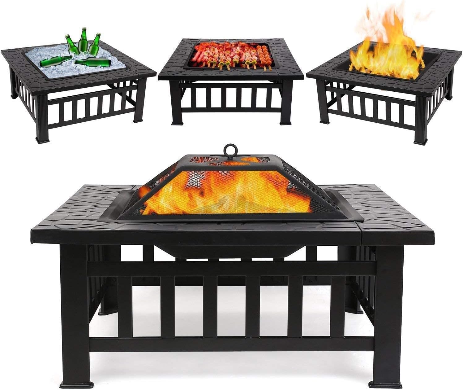 3 in 1 Outdoor Brazier Large Fire Pit Outdoor Metal Brazier Square Table with Waterproof Cover BBQ Grill Shelf Suitable for Camping Bonfire Patio Backyard