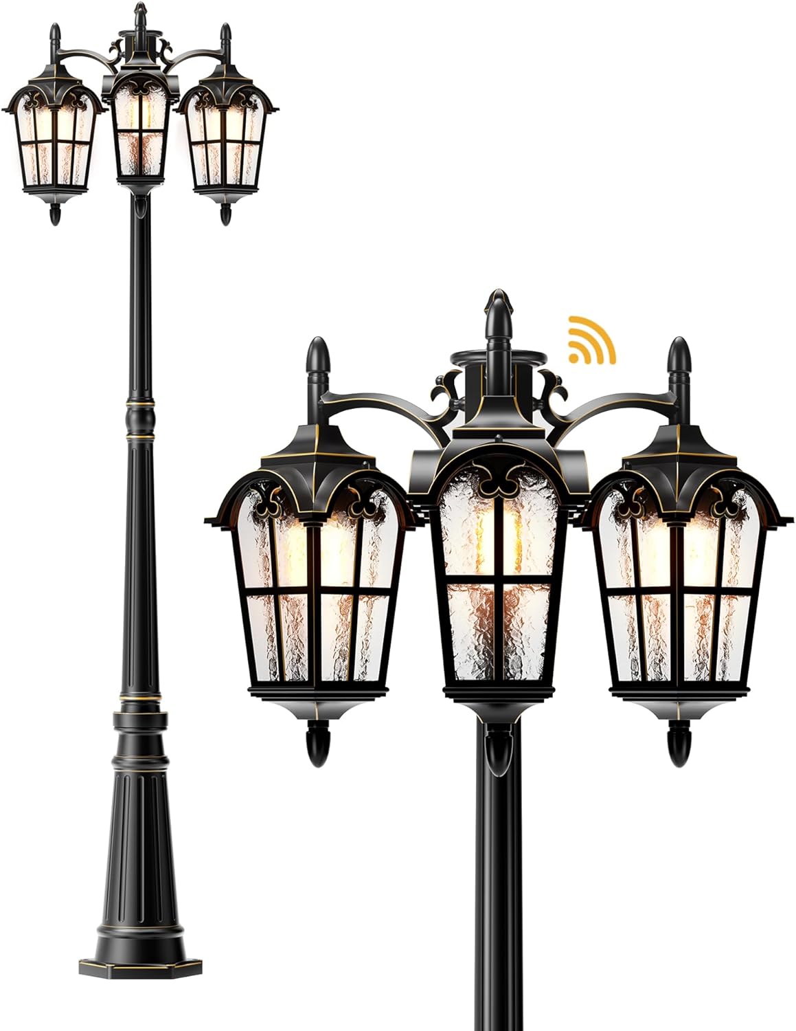 EDISHINE Outdoor Lamp Post Light 3-Head, Thickened Aluminum Dusk to Dawn Street Light Post with Water Ripple Glass, Retro Roman Pole Lighting Fixture for Backyard Garden Patio Driveway