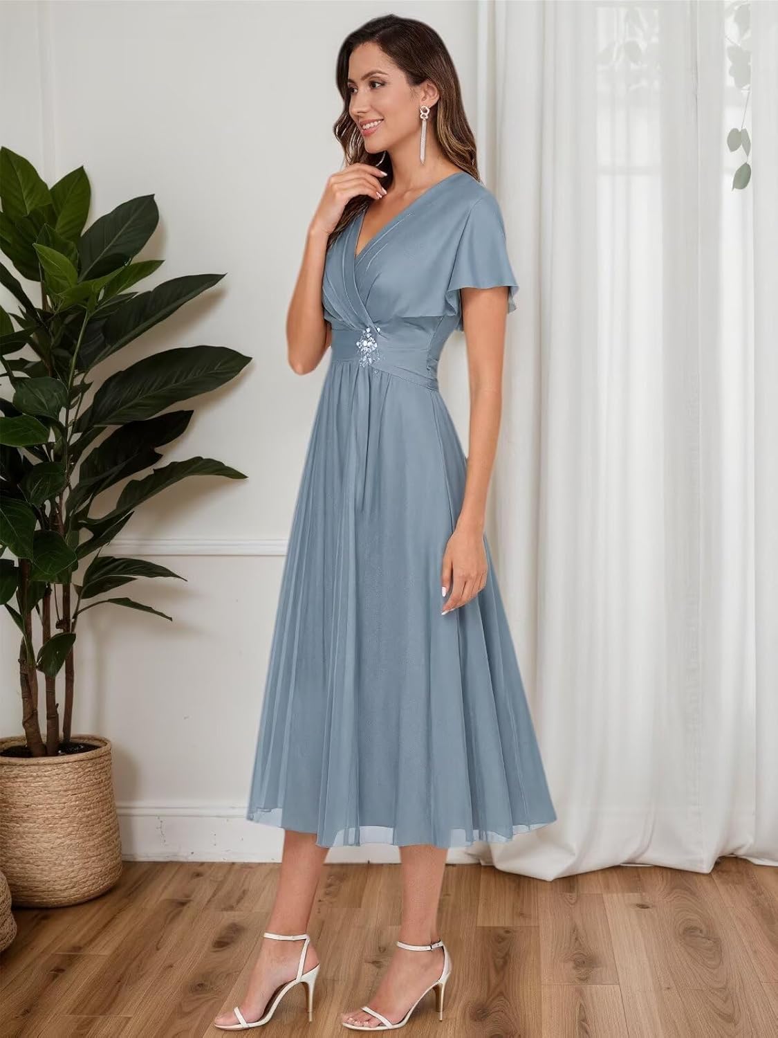 BANTRATIC Tea Length Mother of The Bride Dresses for Wedding Cap Sleeve Chiffon V Neck Pleated Formal Prom Cocktail Gown