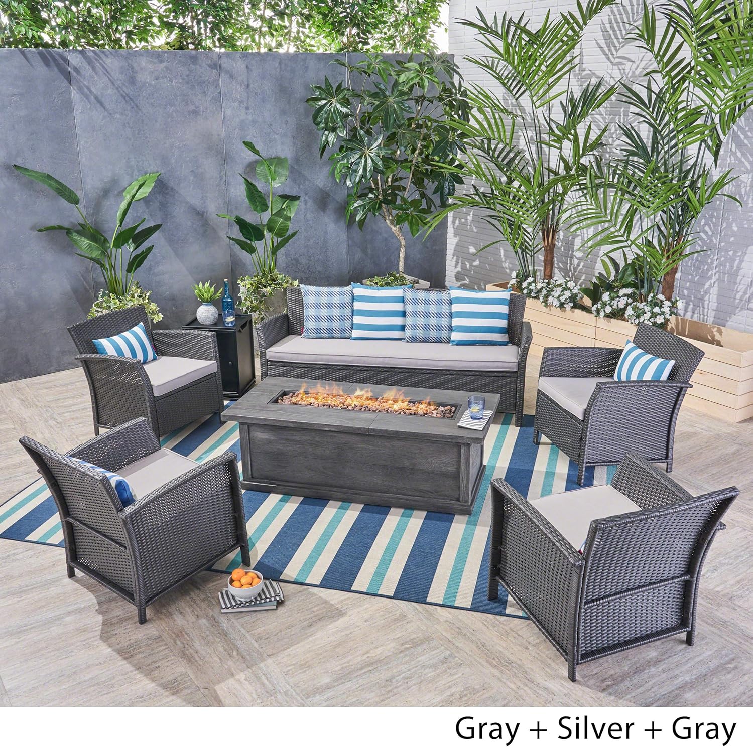Christopher Knight Home Mason Outdoor 7 Seater Wicker Chat Set with Fire Pit, Gray/Silver/Gray