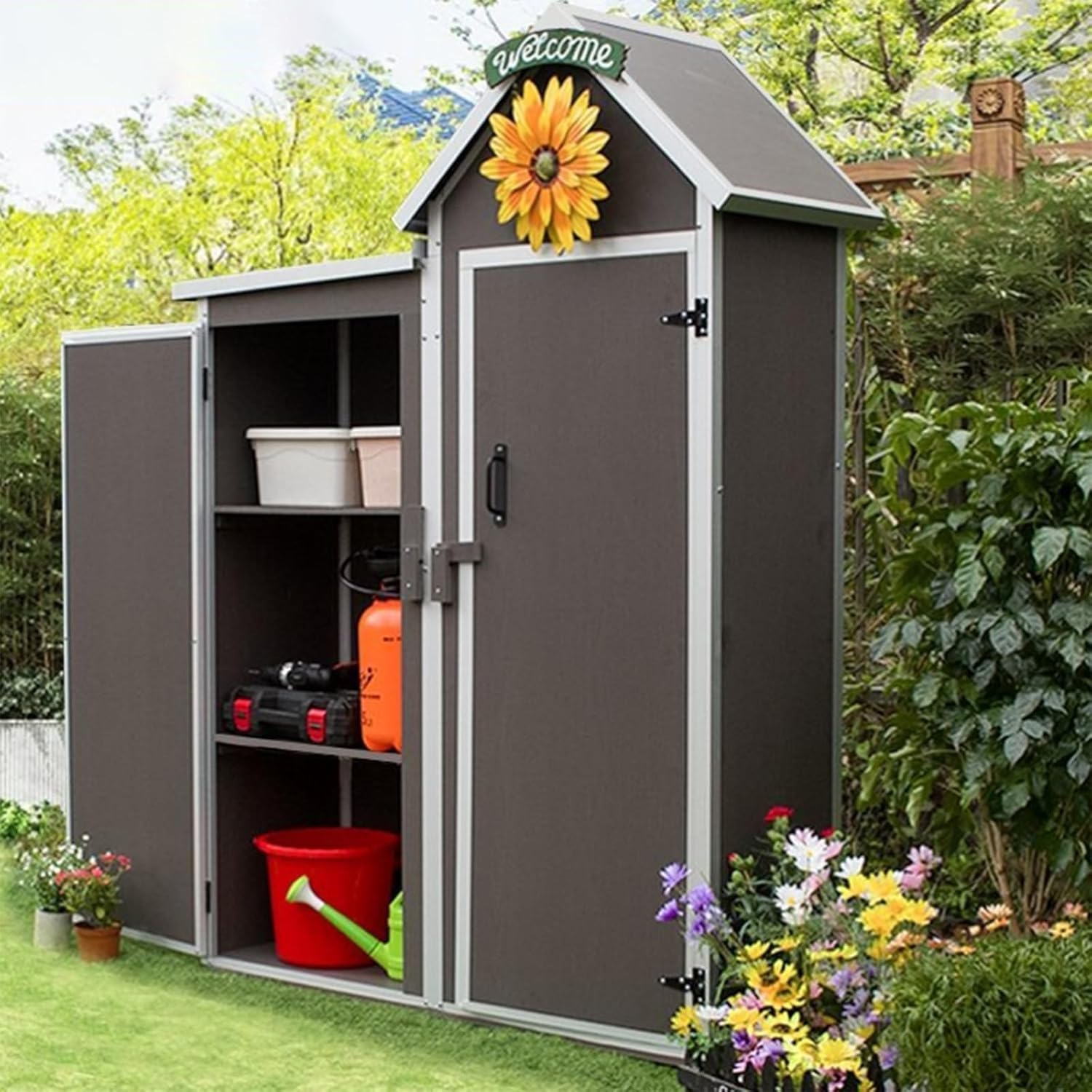 Outdoor Metal Storage Shed, Large Capacity Storage Tool Cabinet Box, Outside Vertical Shed with Lockers, Tool Storage Shed for Backyard, Patio, Lawn