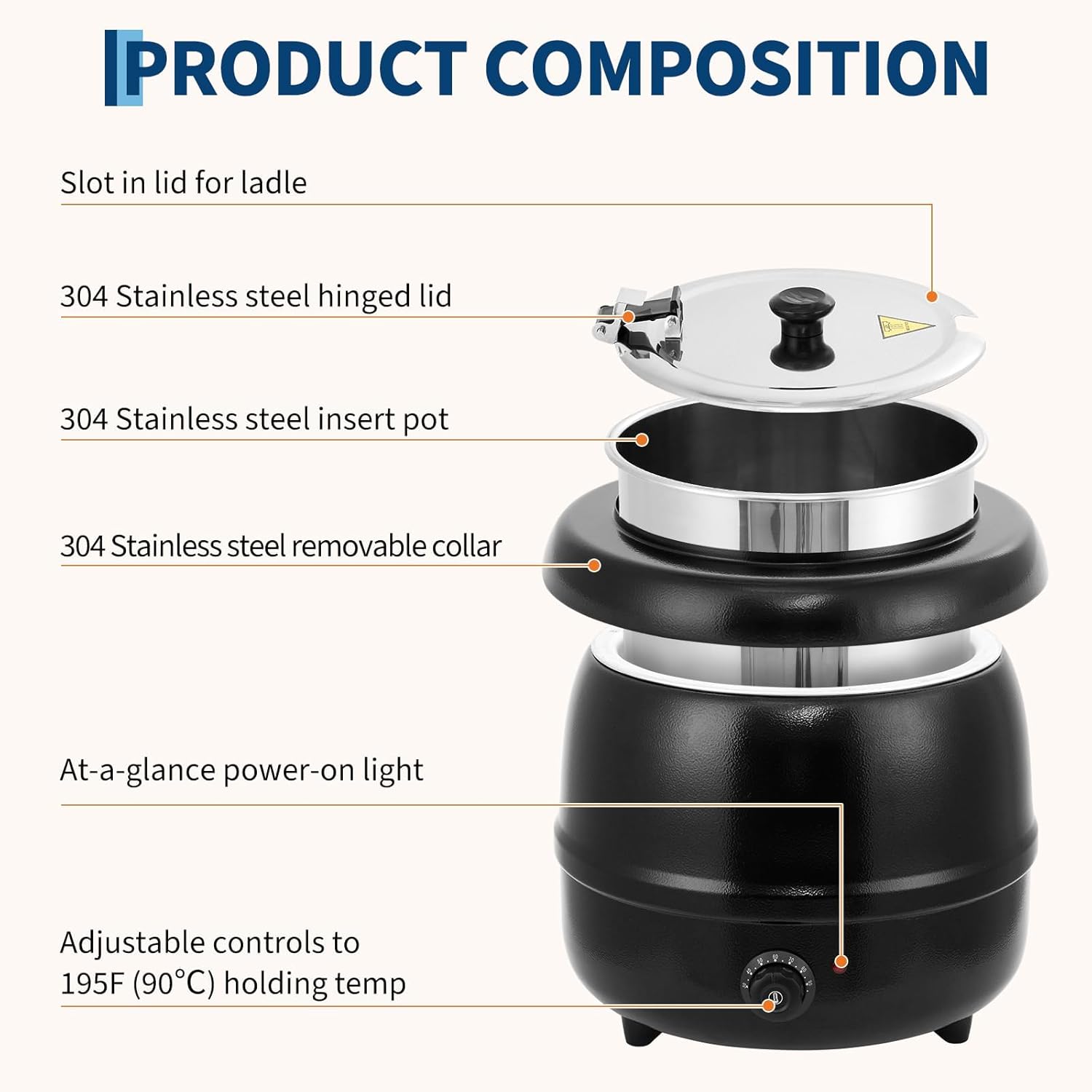 13.7QT Electric Round Drum Soup Warmer - Knob-Controlled Adjustable Temp, Hinged Lid & Detachable Insert, Commercial Black Soup Kettle for Restaurant Catering Home Buffet