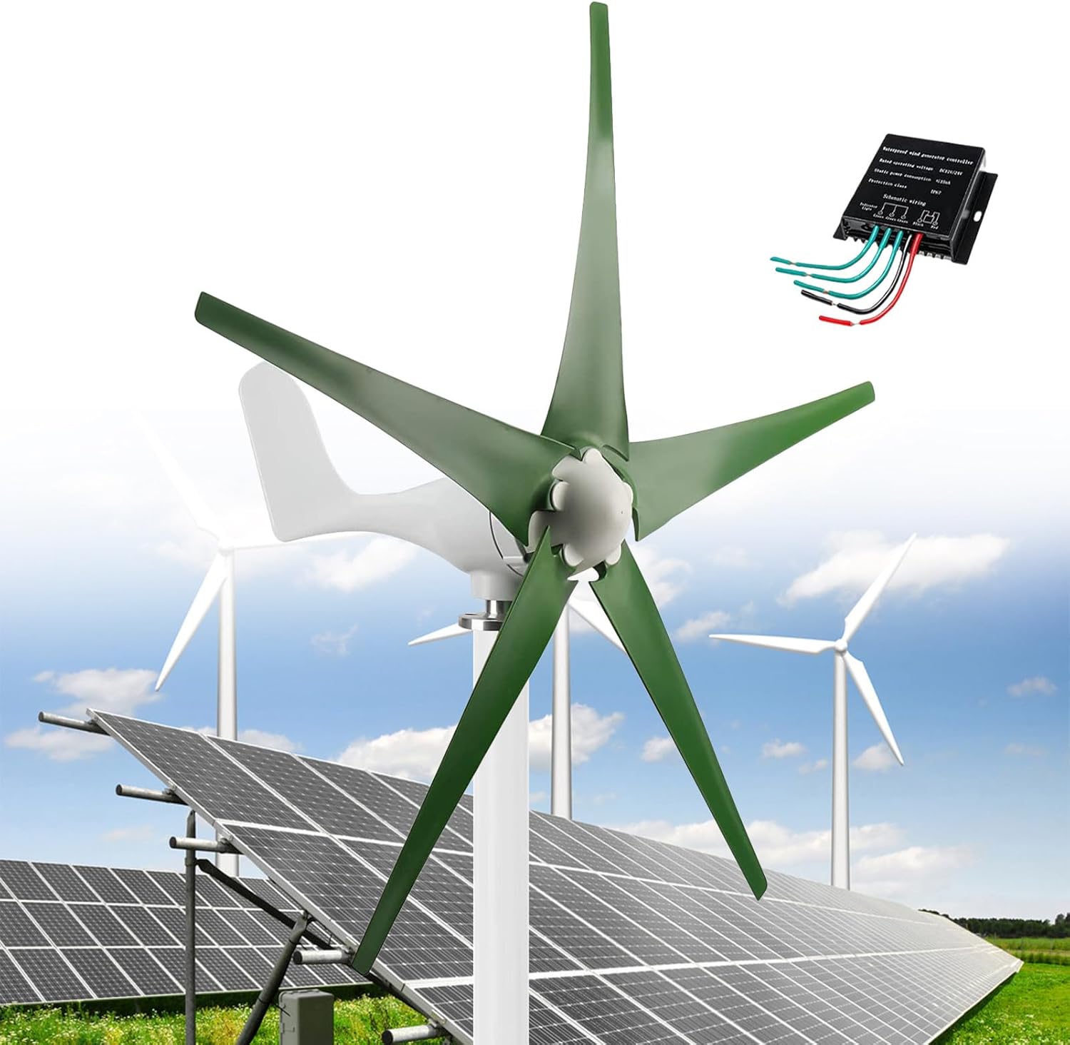 12000W Wind Power Turbine Generator, 12V/24V/48V DC Windmill Power Generator Kit, 5Blade Automatically Adjust The Windward, 3 Phase AC Permanent Magnet Generator Kit with Controller,Green24V