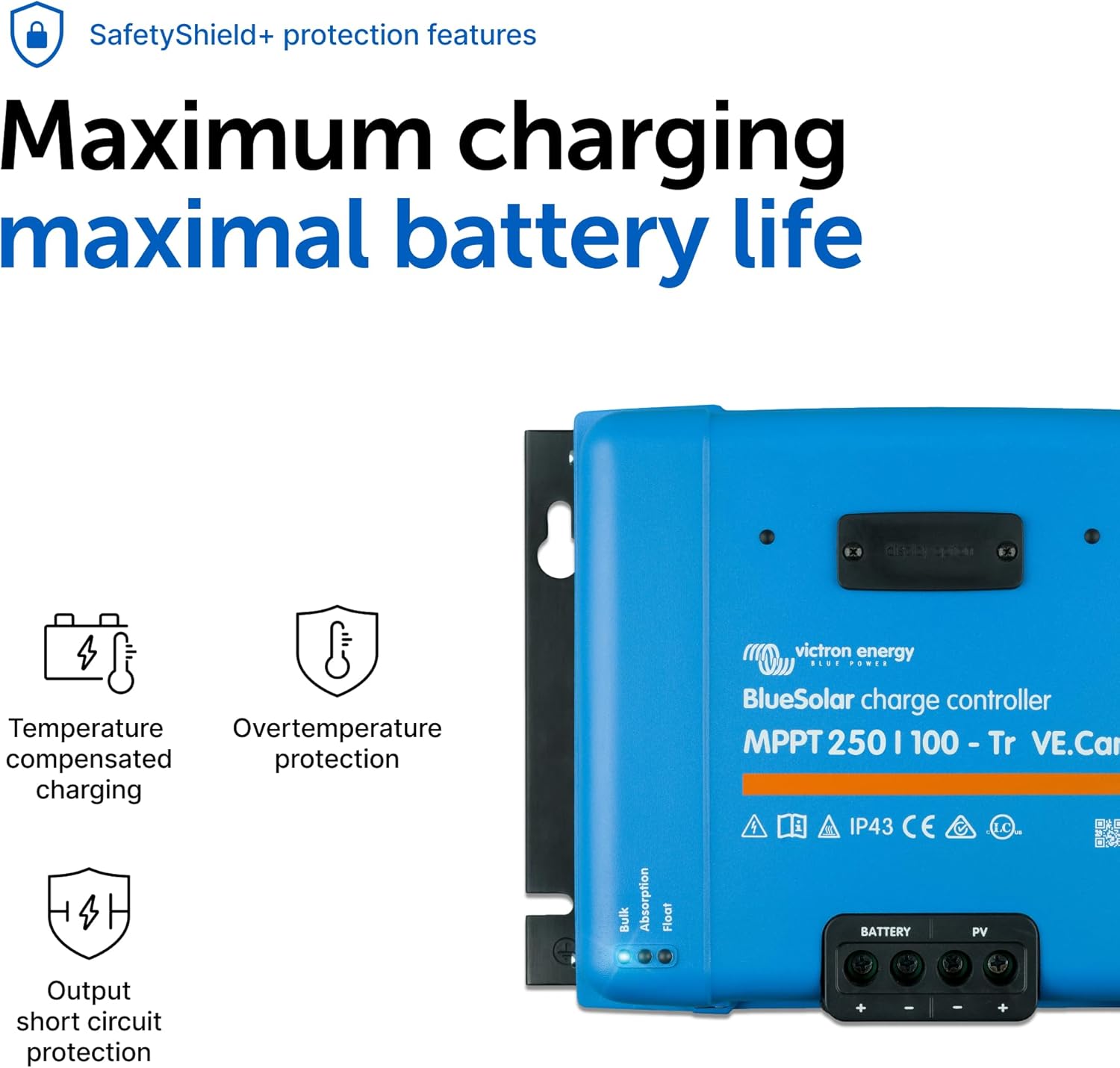 Victron Energy BlueSolar MPPT Tr VE.Can Solar Charge Controller - Charge Controllers for Solar Panels - 250V, 100 amp, 12/24/36/48-Volt