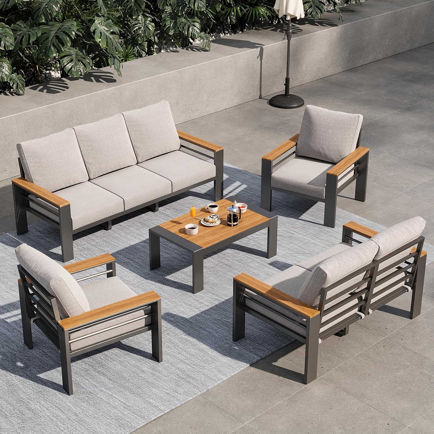 Aoxun Aluminum Outdoor Patio Furniture Set, 7 Seats Outdoor Sectional with Coffee Table, Patio Conversation Sets with Upgraded Armrests and Cushions for Backyard, Garden and Poolside