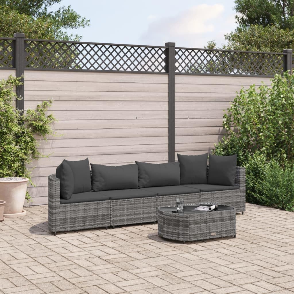 5 Piece Patio Sofa Set with Cushions Gray Poly Rattan,Outdoor Sofa Set with Cushions and Glass Tabletop for Patio, Porch or Garden Patio Furniture, Outdoor Furniture Sets