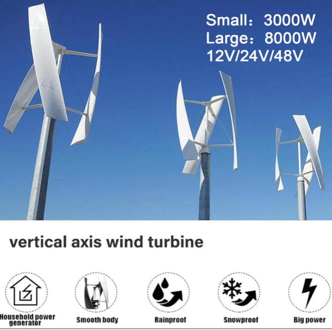 Vertical Magnetic Levitation Wind Turbine - 8000W/3000W Output, 3 Blades, Waterproof Controller, Quiet Operation, Ideal for Home Energy Solutions