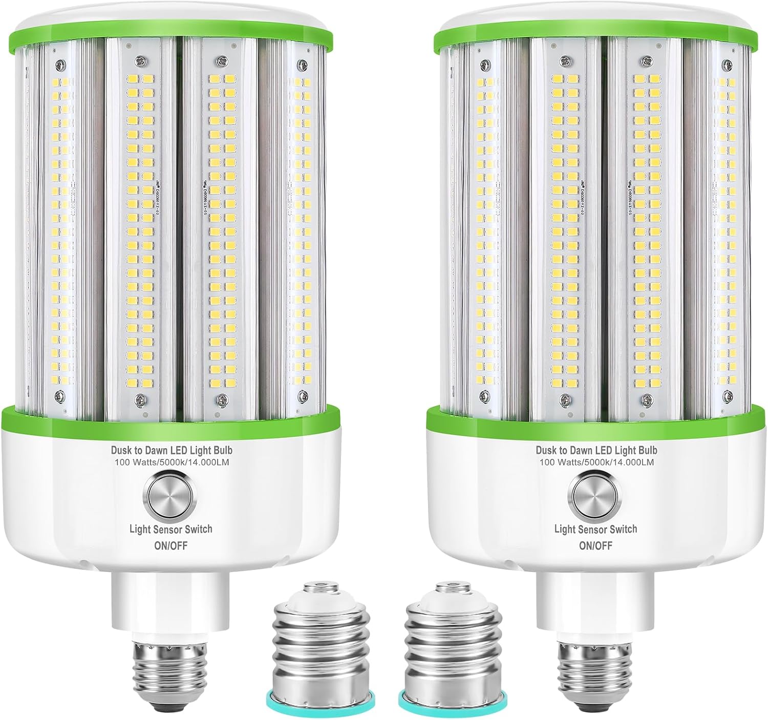 2 Pack Dusk to Dawn LED Corn Light Bulbs 100W(Equivalent 1000W), E26/E39 Base, 14,000LM 5000K Daylight, Auto On/Off Photocell Sensor, Outdoor LED Light Bulbs for Porch Garage Yard Security