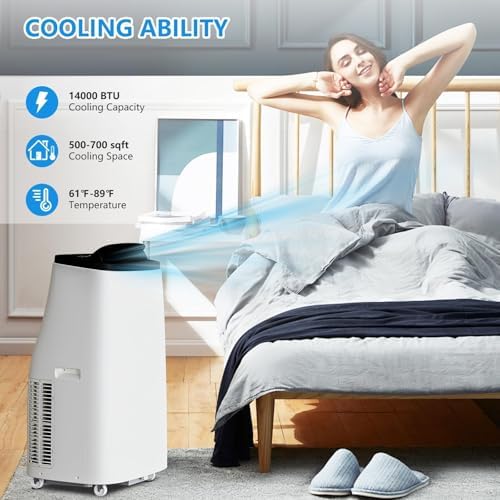 14000 BTU Portable Air Conditioner,3-in-1 Cooling Unit With Fan,Fehumidifier, And Refrigeration Functions, Featuring 3 Speed Settings, Energy Efficiency, Low Noise Operation, and Timer.