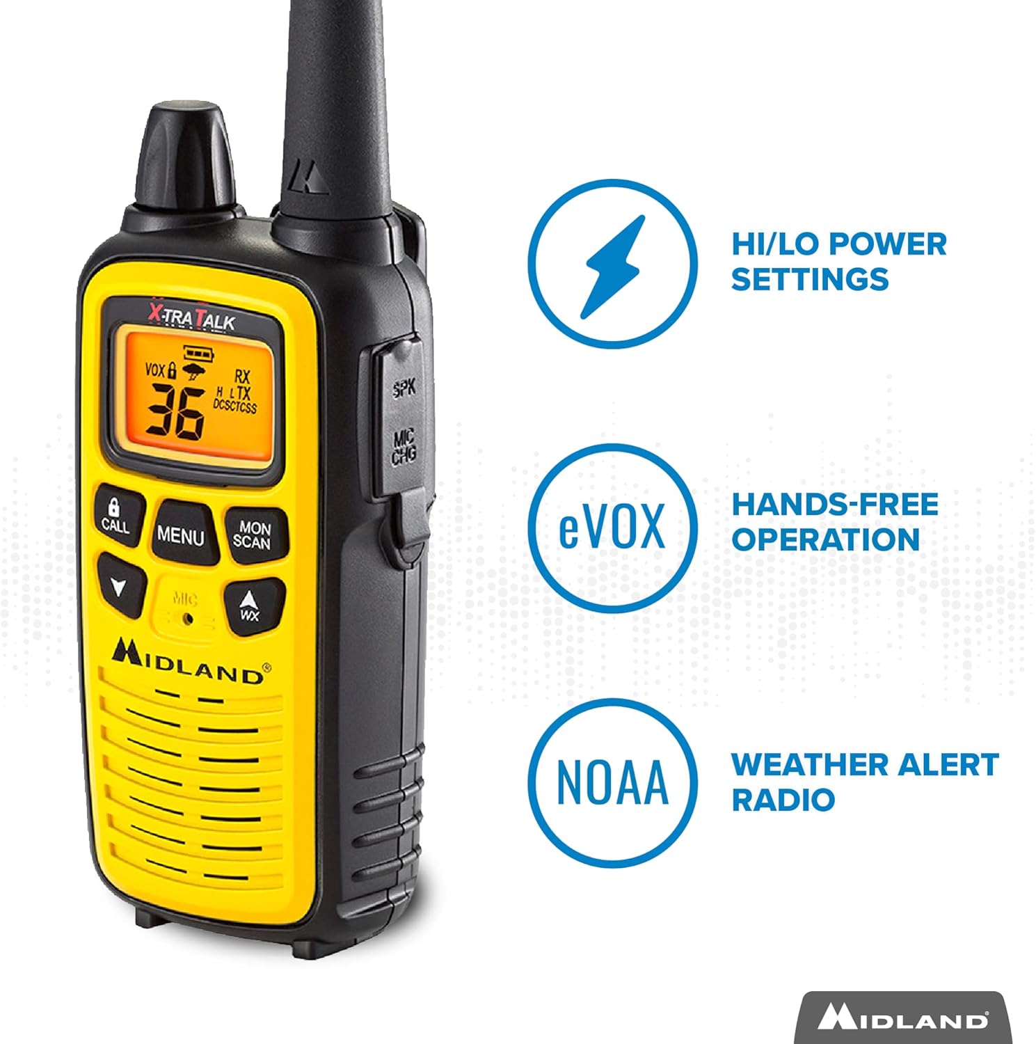 Midland - LXT600VP3 Long Range Walkie Talkie - FRS Two-Way Small Business Radio Rechargeable Portable- UTV Accessories with NOAA Weather Scan + Alert, and 36 Channels (Yellow/Black, 2 Radios)