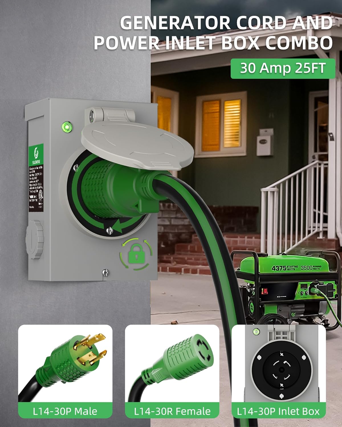 30 Amp 25FT Generator Cord and Power Inlet Box Kit, NEMA L14-30P to L14-30R, 4-Prong Generator Cord 10 AWG with Twist Lock Connector, Pre-Drilled 30 Amp Inlet Box, ETL Listed, Ready for Emergency Use