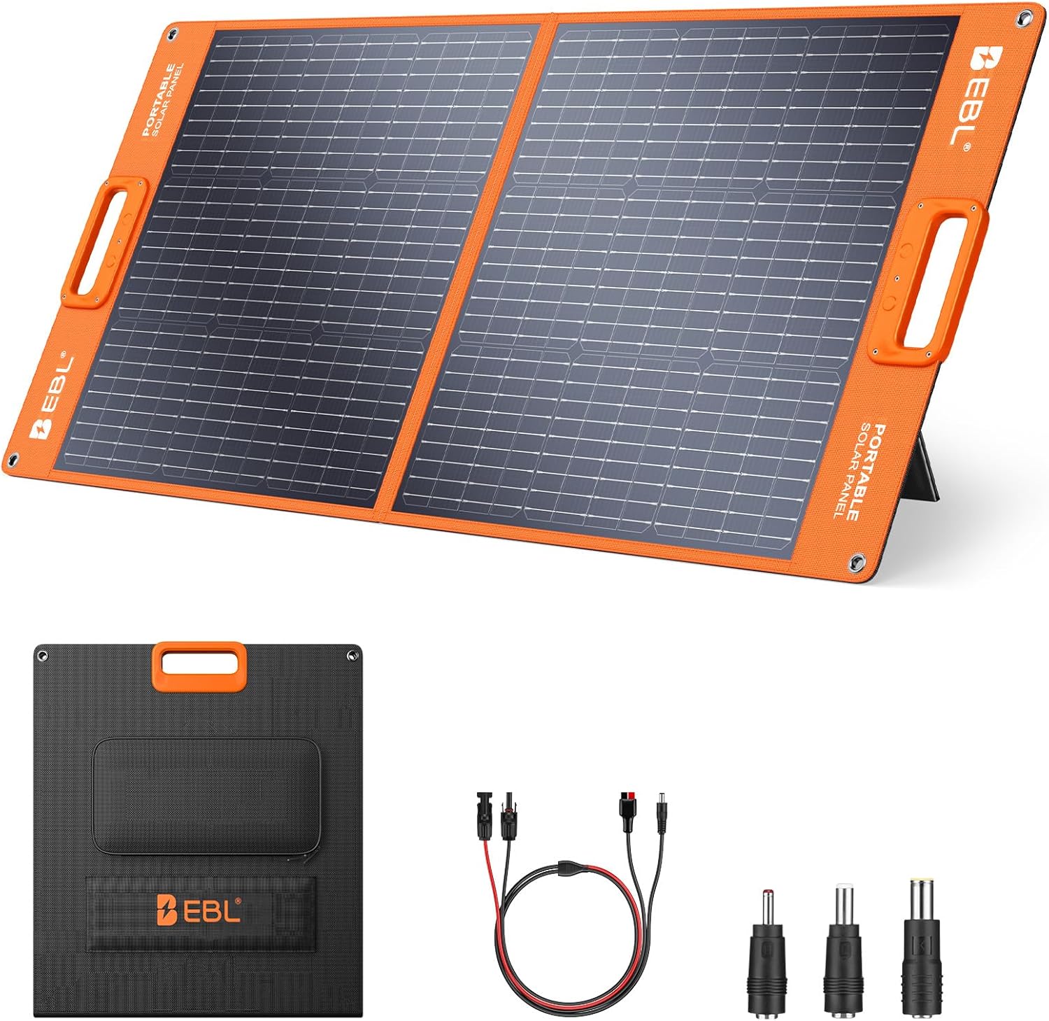 EBL Solar Panel 100W Portable Solar Panel (Upgraded) for 240/300/500/1000/1500/2000 Power Station, with Adjustable Kickstand and Parallel Cable, Waterproof IP65 for Outdoor Camping Hiking RV Trip