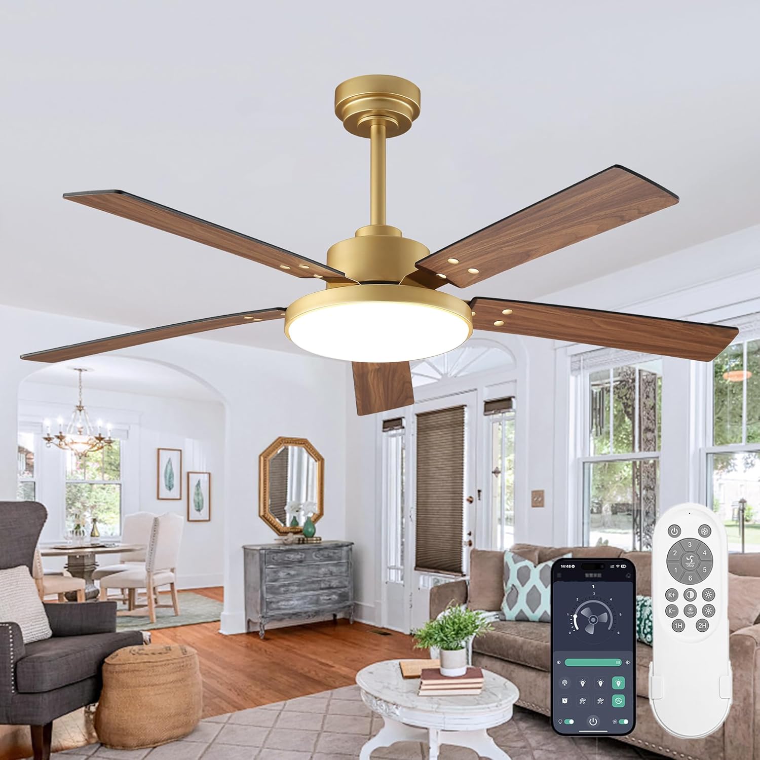 Gold Ceiling Fans with Lights and Remote/ APP, 52 Inch Black and Gold Smart Ceiling Fan for Bedroom Living Room Patio, Dimmable LED Chandelier Fans, 6-Speed Reversible DC Motor, Indoor Outdoor Use