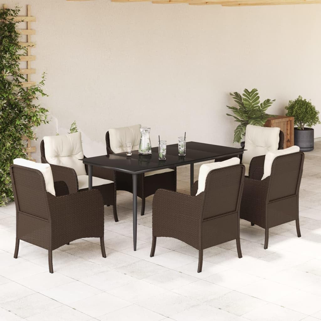 7 Piece Patio Dining Set with Cushions Brown Poly Rattan Garden Furniture