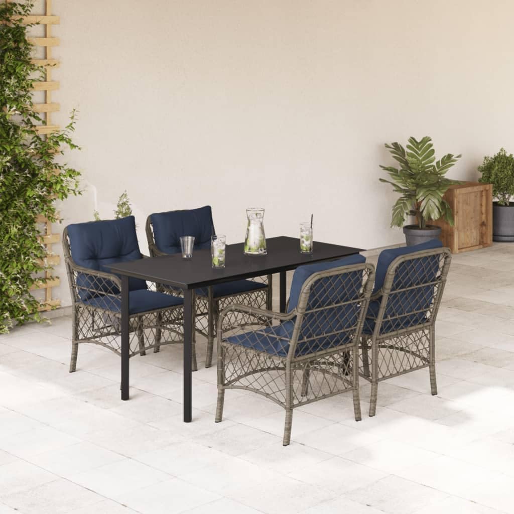 5-Piece Garden Dining Set, Grey Synthetic Poly Rattan, Powder-Coated Steel Frame, Rectangular Outdoor Table and Chairs for Patio, Balcony, Backyard Use