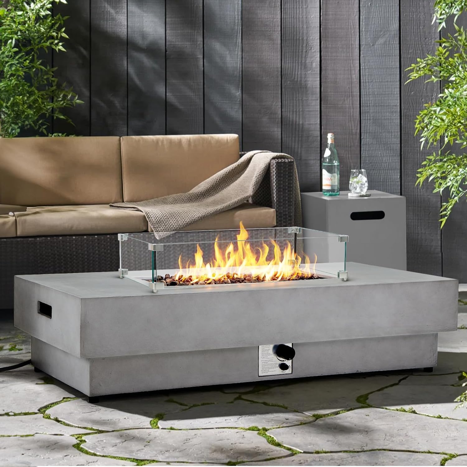 60Inch Fire Pit Table Propane with Tank Cover Windy Guard, 50,000 BTU Concrete Rectangle Firepit for Outside Patio with Metal Lid, Lava Rocks, Rain Cover, Backyard, Outdoor